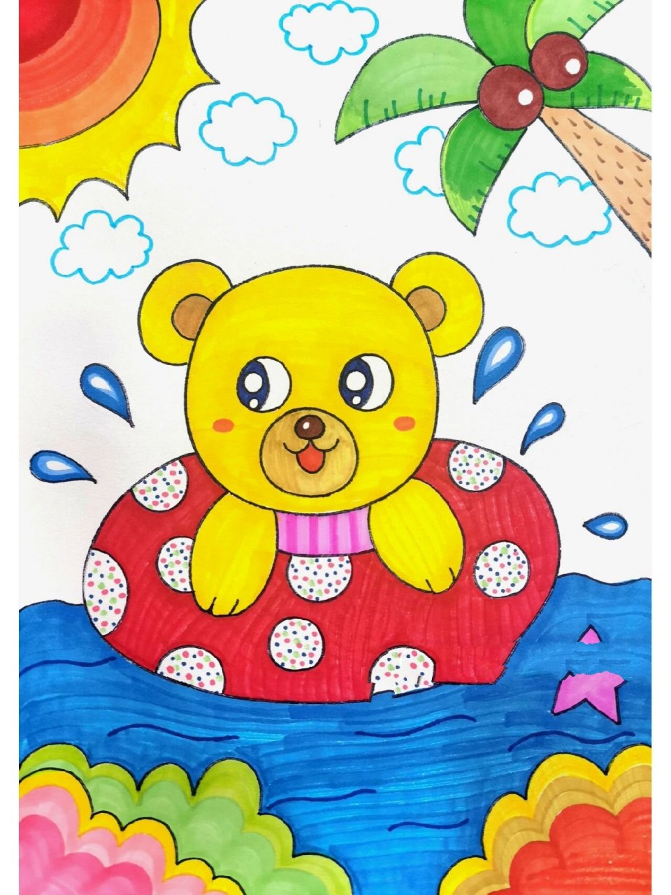 简单夏日儿童画 适合幼儿园的小朋友～后面有线稿图 原创作品临摹请