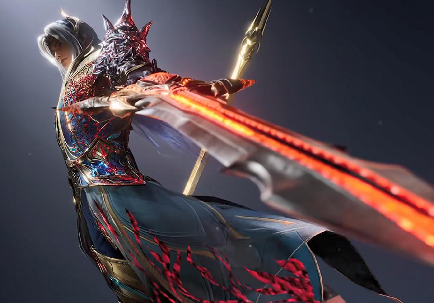 唐三双神共存神装造型,红蓝配色,手执两大神器,被染红的海神八翼有点