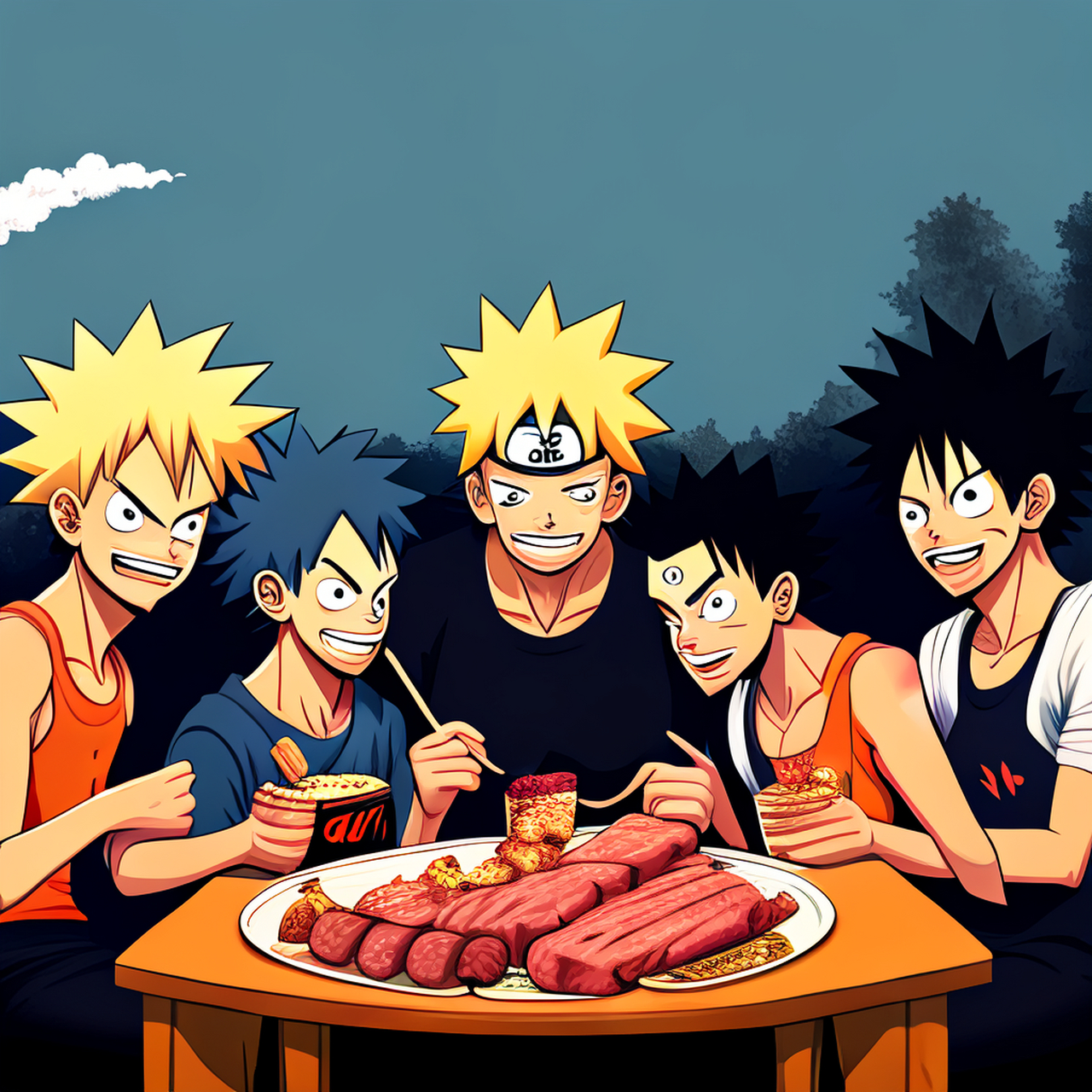 【路飞和鸣人一起吃烧烤】这是我这几天生成的最靠谱的了[大笑] #百度