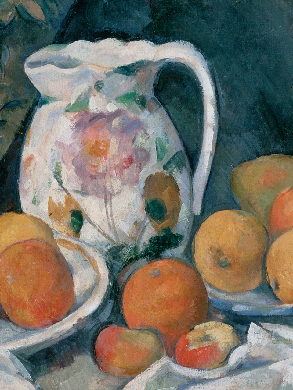 塞尚油画《苹果与陶罐静物》  在塞尚的《静物》中,我们能够看到他的