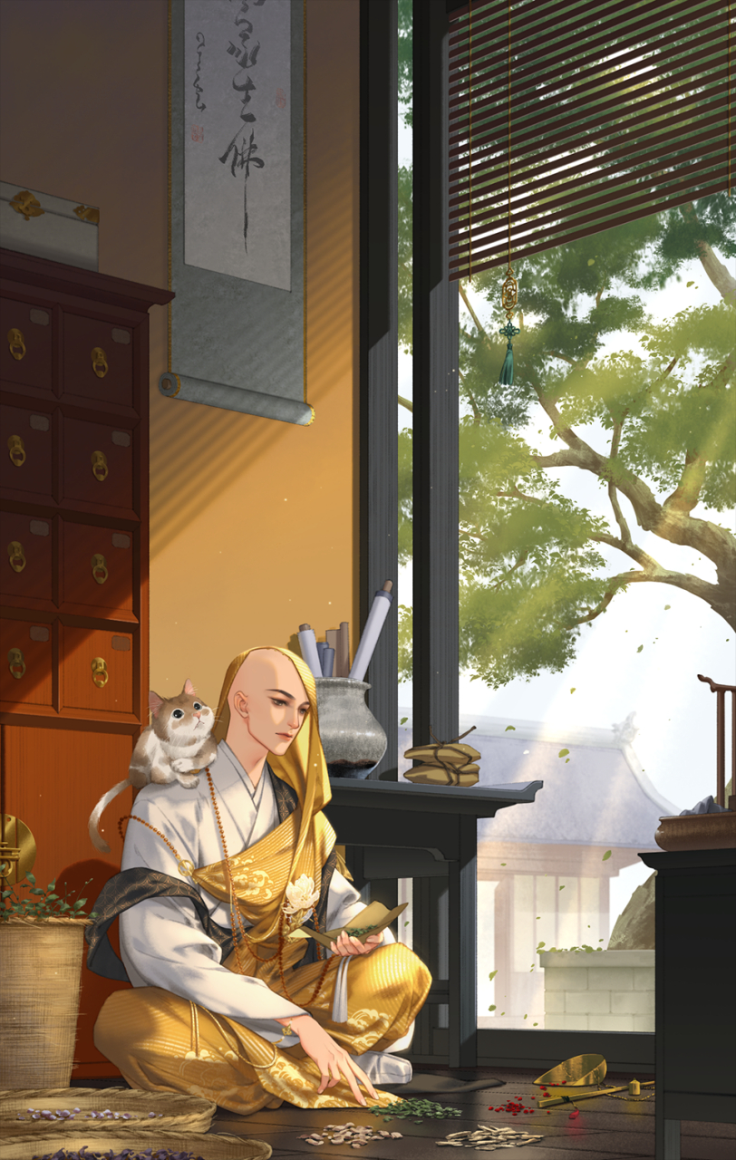 古风插画里的僧人和尚:花开生两面,人生佛魔间 #古风插画