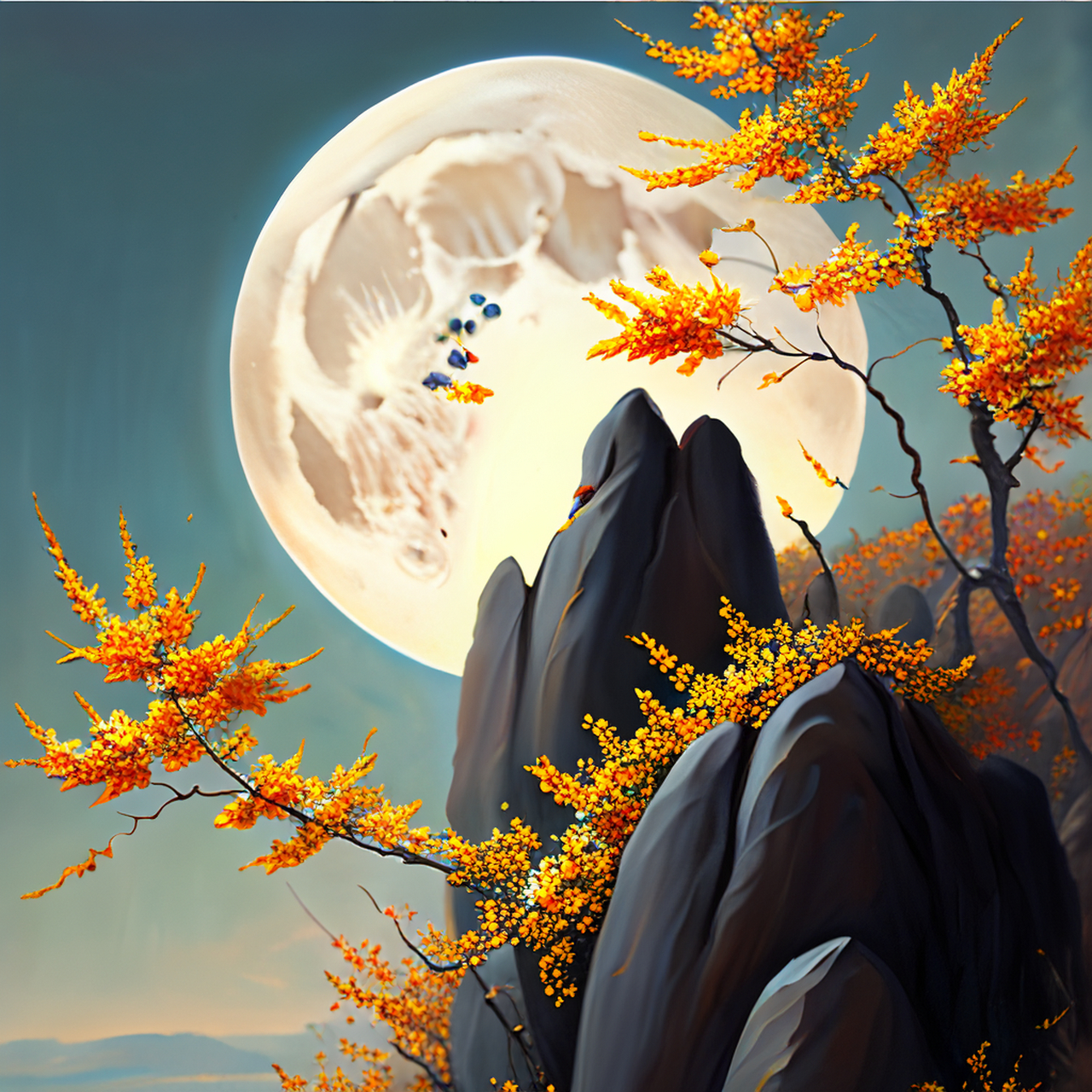 百度ai绘图黑科技#凉意入秋清可画,月岩知有桂花开.