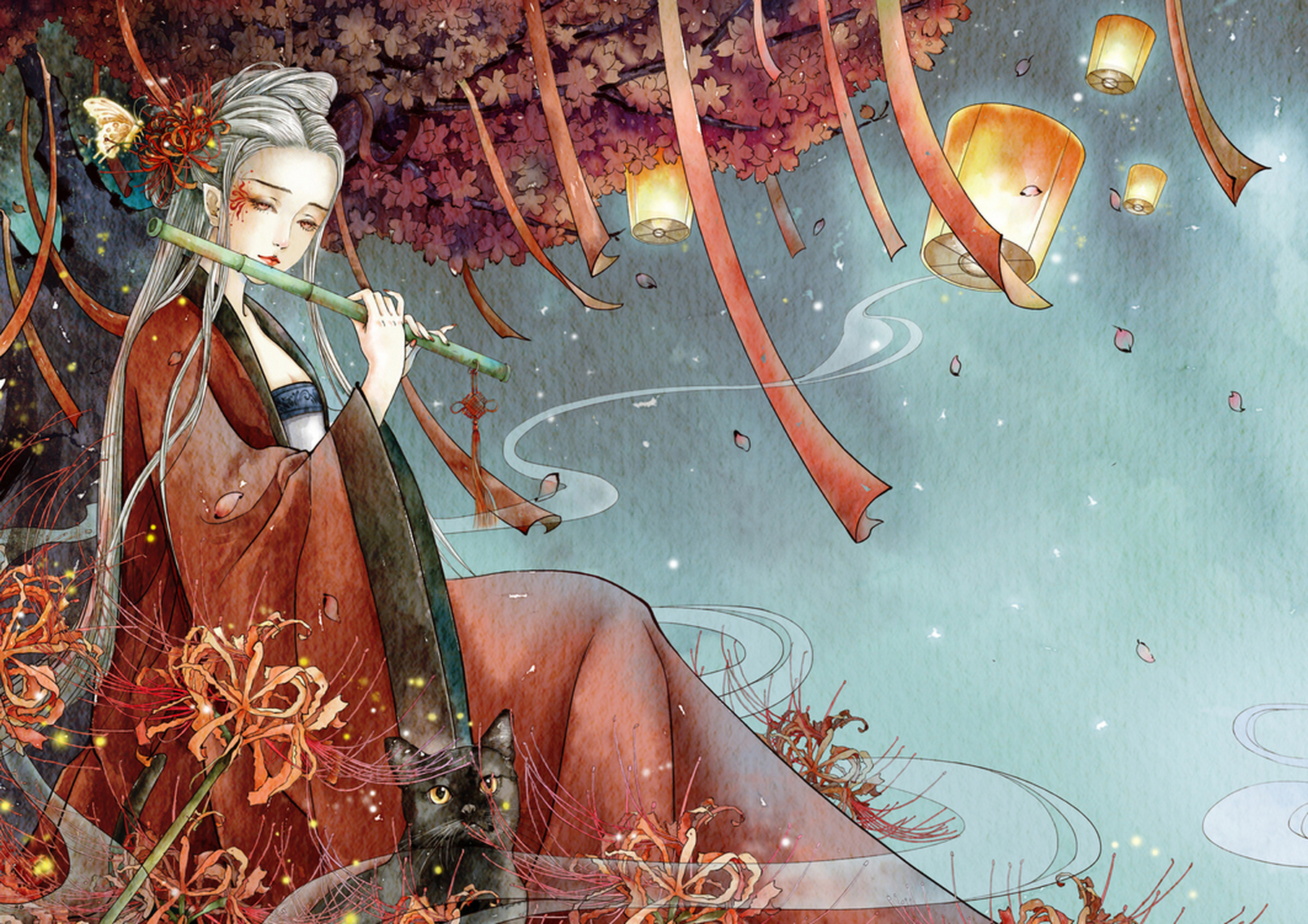 淡色系彼岸花插画壁纸:花开彼岸本无岸,魂落忘川犹在川 #古风插画