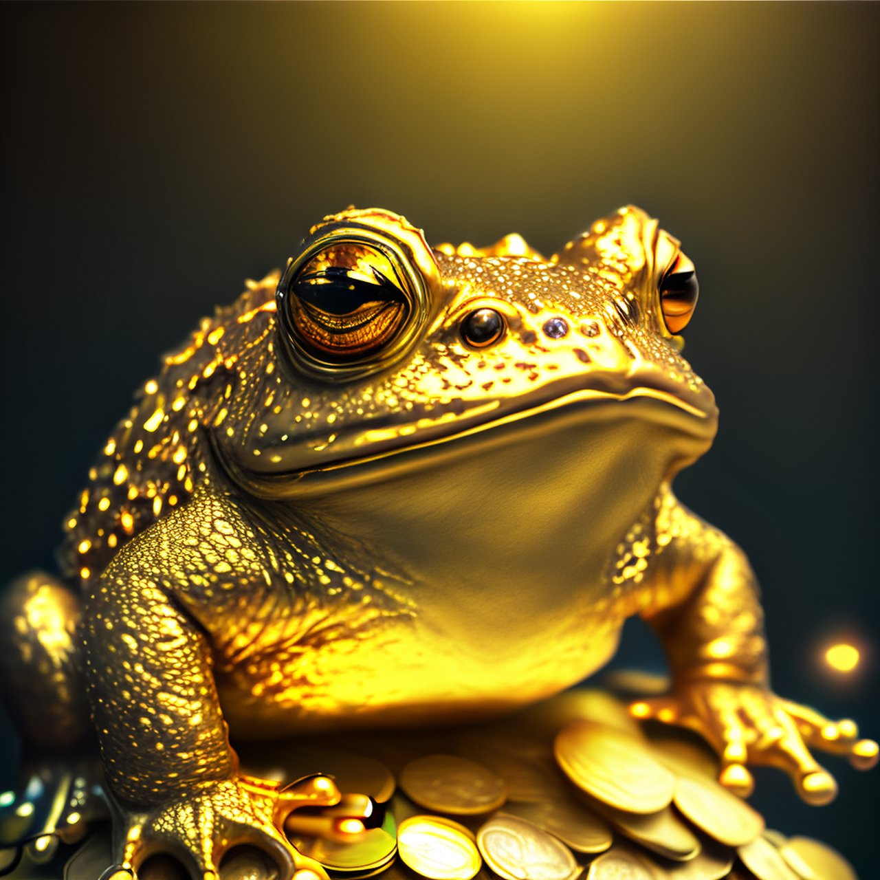可爱的金蟾蜍,闪闪发光,金蟾蜍细节描述详细,现实,在一个金色的背景