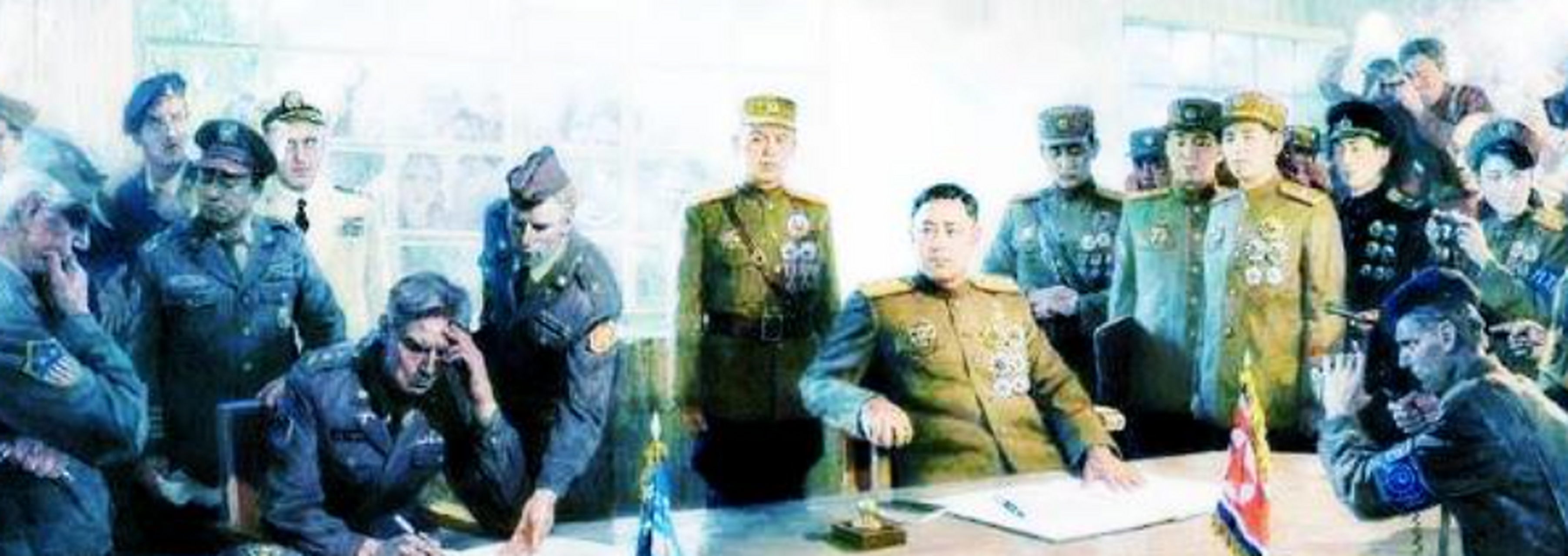 朝鲜油画《针锋相对》生动地展现了朝鲜人民军与美帝国主义的斗争场面