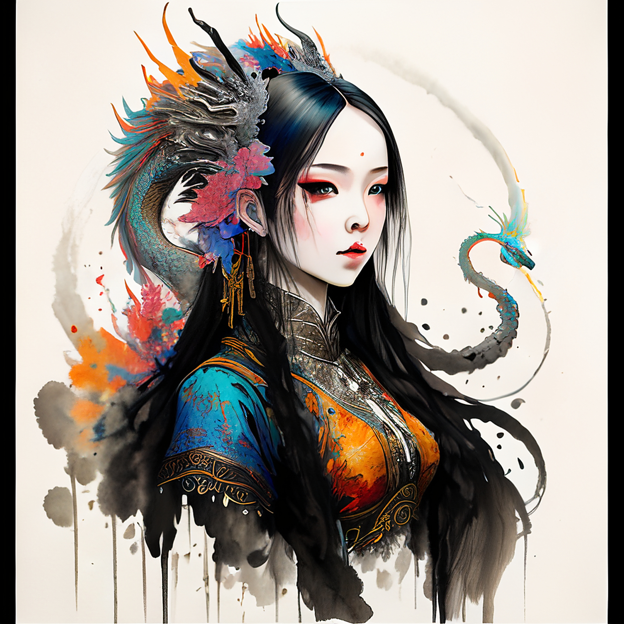 百度ai绘图黑科技#一个中国龙人偶女孩 中国龙的特征,长发,快乐的