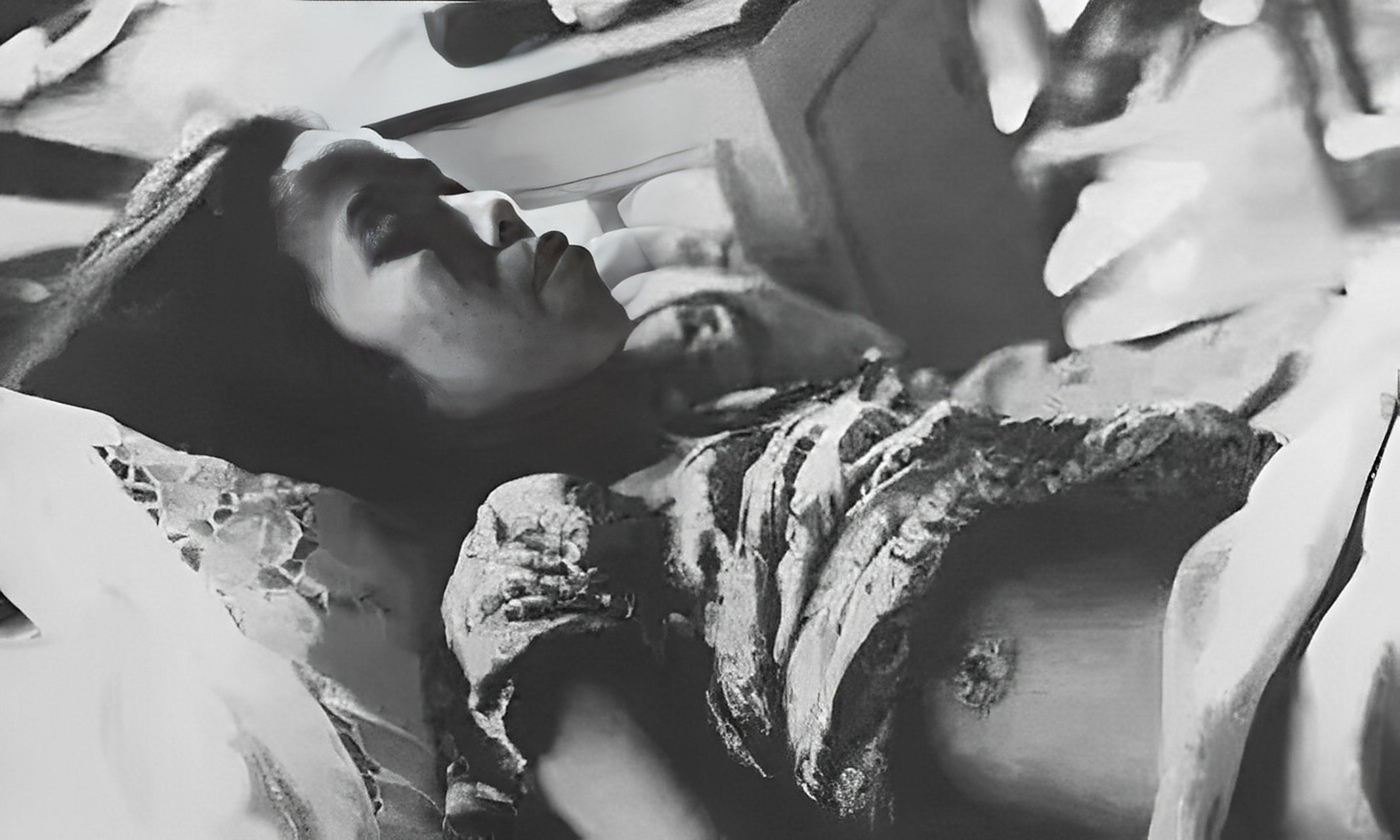 照片中,小女孩被日本侵略者杀害.她的腰上有一个巨大的伤口.