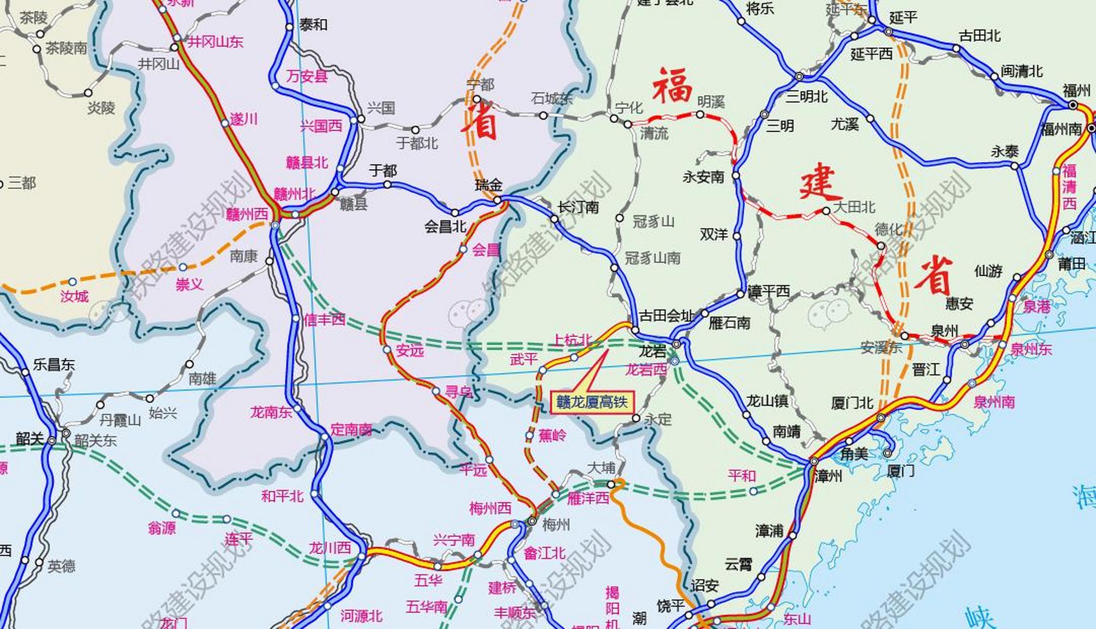 最新的赣龙厦高铁线路图,从赣州西站引出,走信丰,安远,寻乌进入福建