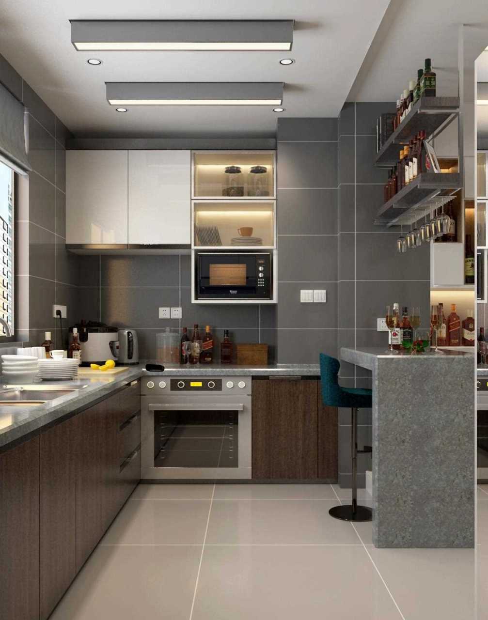 典型的一字长条形,做成了开放式厨房 大的布局上,从左至右依次是小