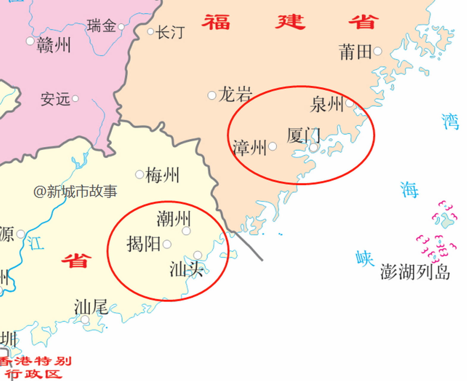 闽南三角洲和潮汕地区,两者人口相当,面积接近,同时拥有厦门和汕头两