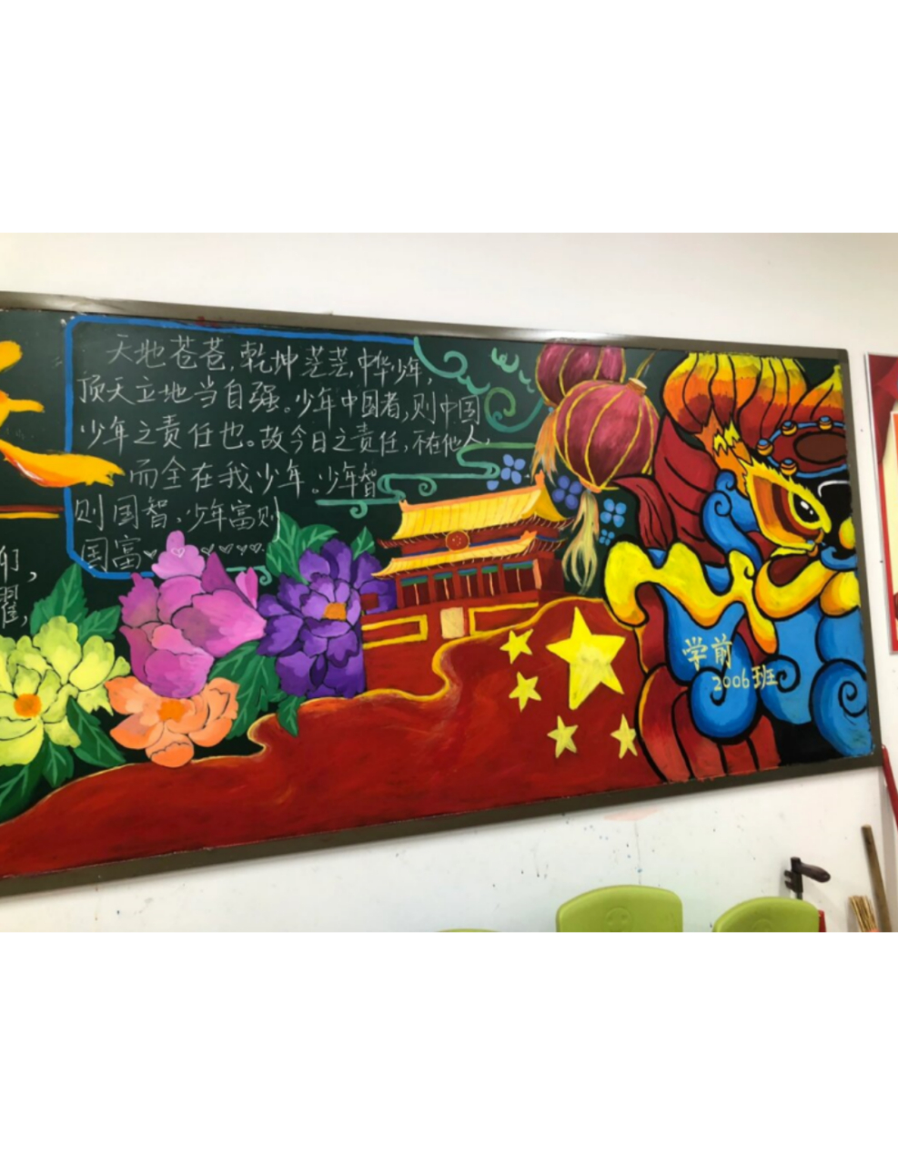 颜料,因为它色彩鲜艳,覆盖力强,非常适合在黑板上绘制出精美的图案