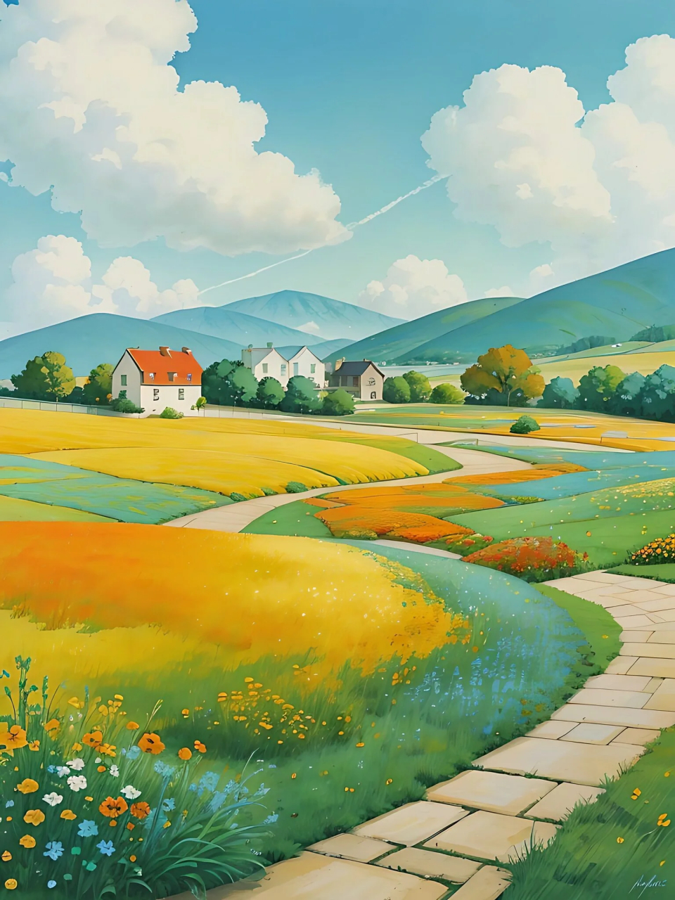 治愈系乡村风景插画