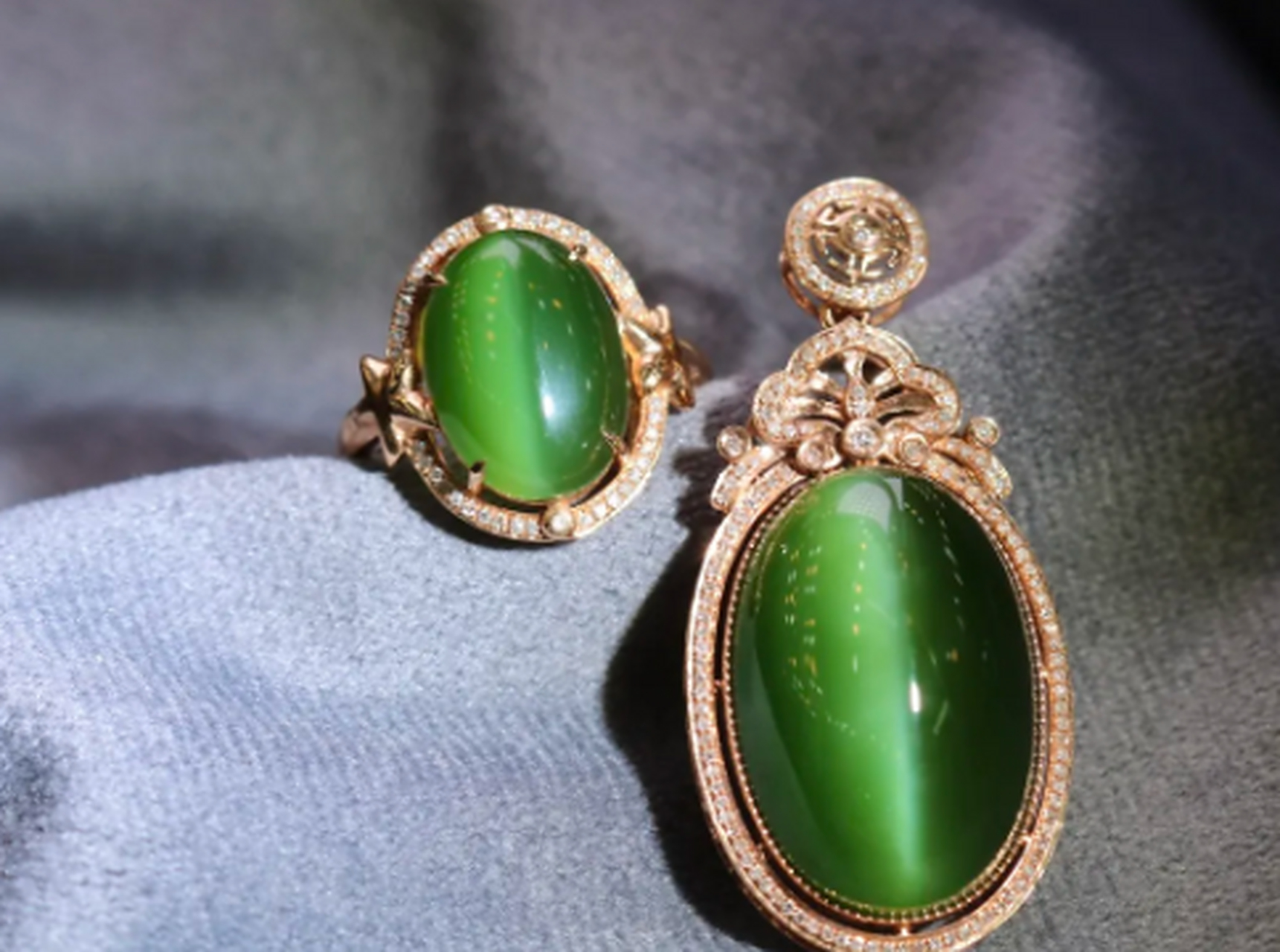 点击头像看直播##和田玉#和田玉碧玉猫眼首饰套装,颜色漂亮,猫眼灵活