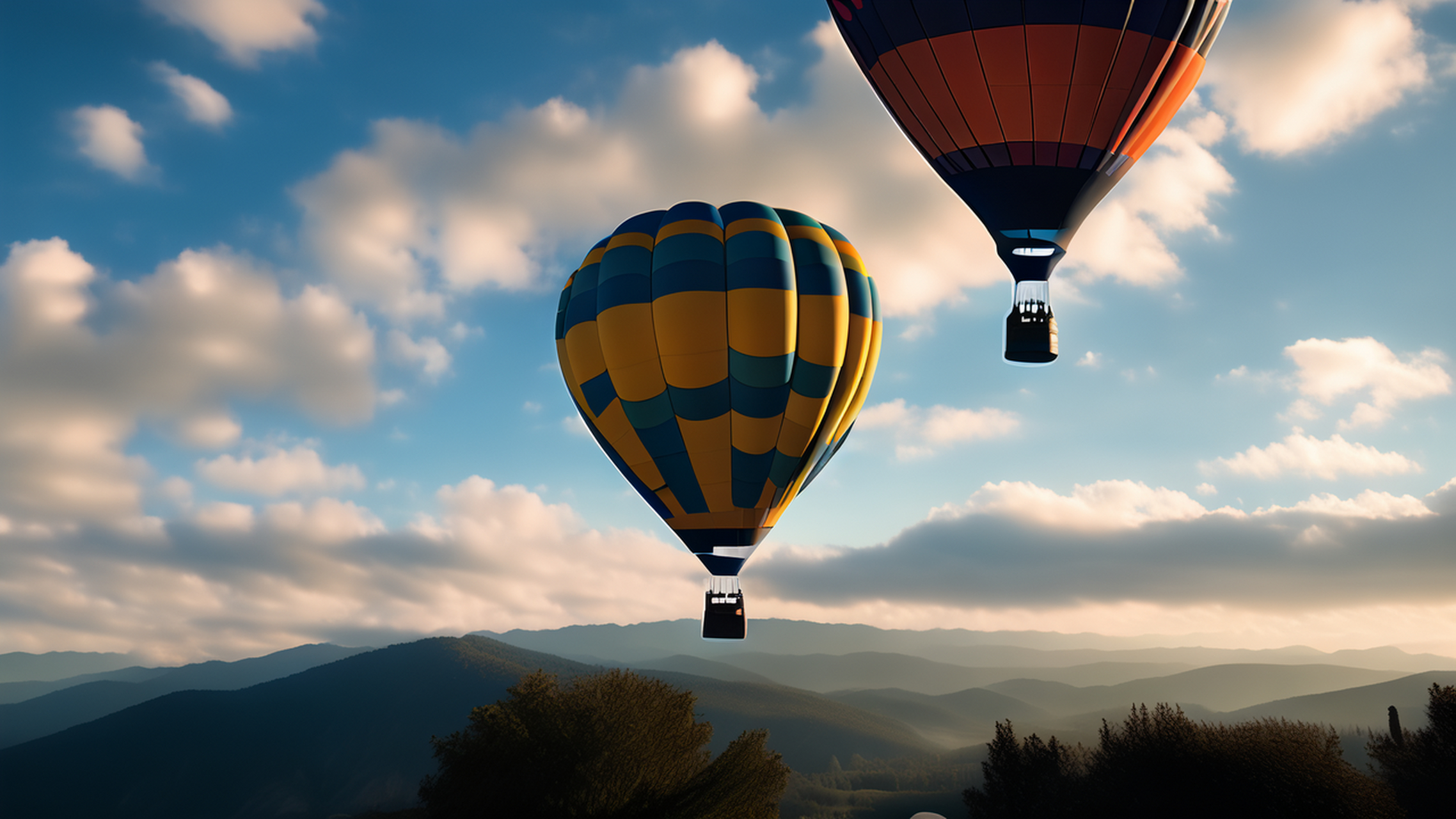 文心一格#  在晨曦中,热气球在蓝天白云中飘浮,俯瞰整个风景.