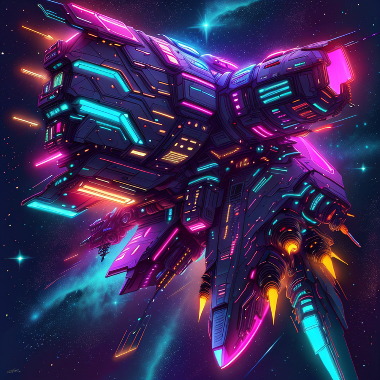 赛博朋克的宇宙飞船在太空中穿梭,它们的外观设计充满未来感,融合了高