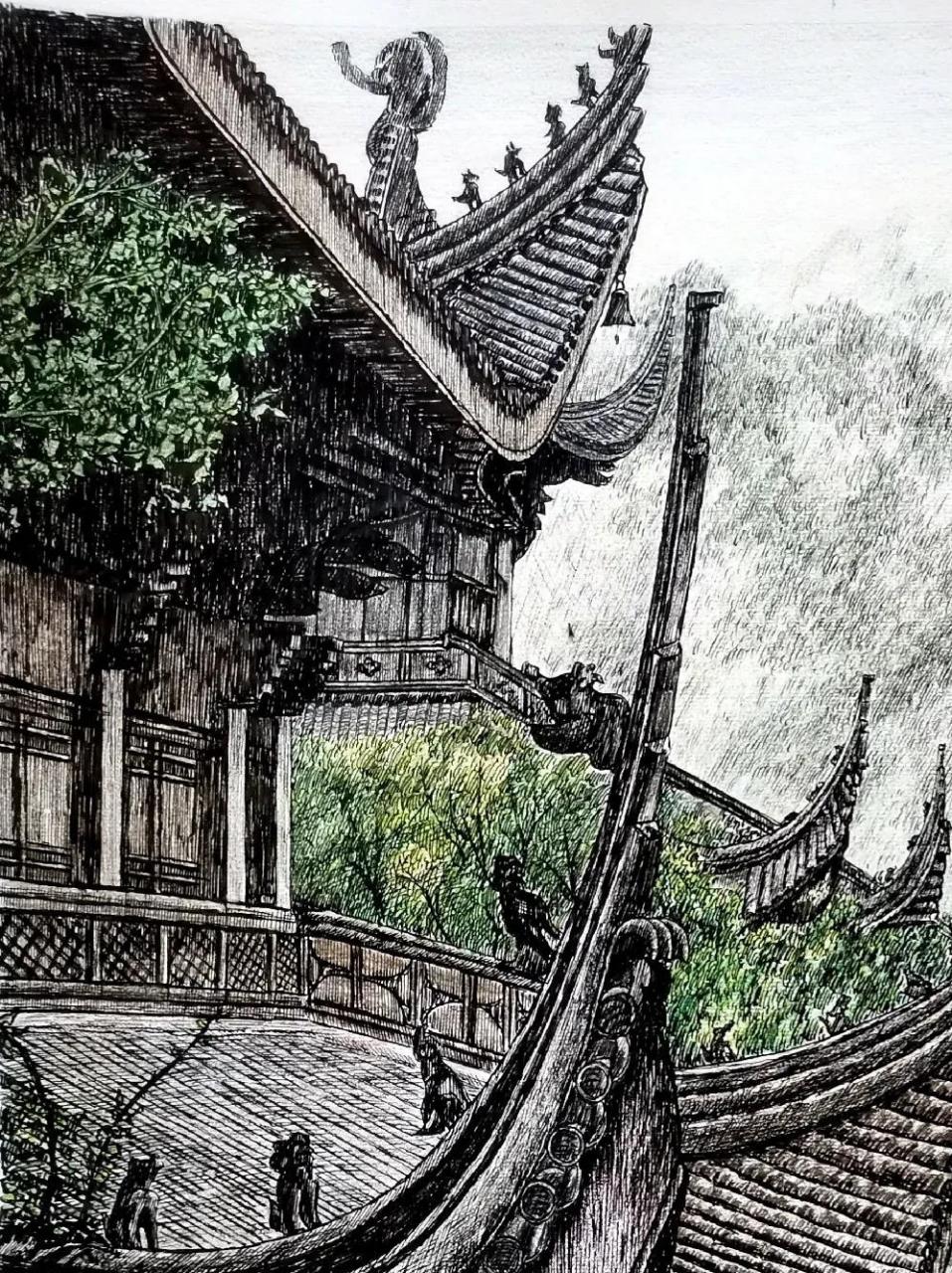 同样的图第三次画了! #马静钢笔画# #手绘# #寺庙