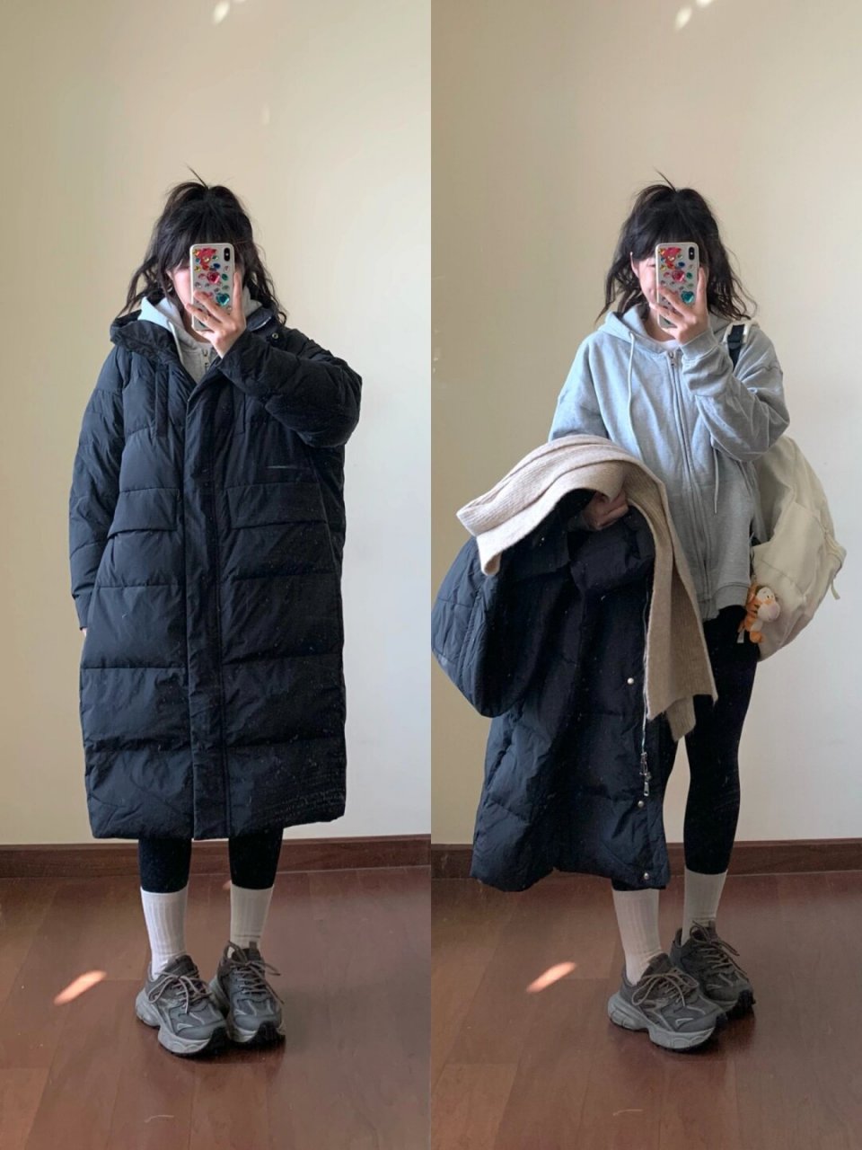 羽绒服的叠穿卫衣,是冬日里非常实用的搭配方式.