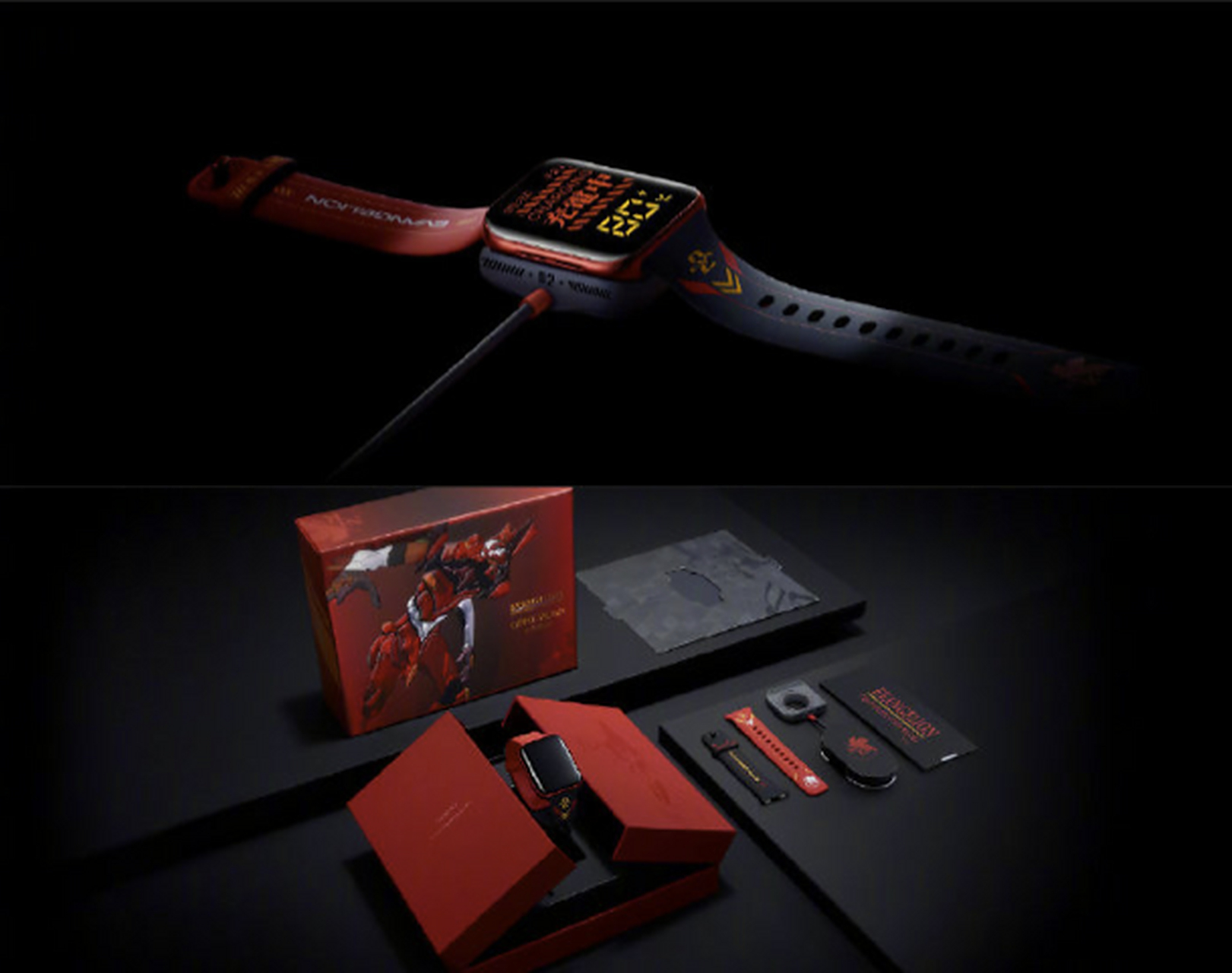 oppo watch eva限定版,其设计灵感源自明日香,整体采用红黑撞色设计