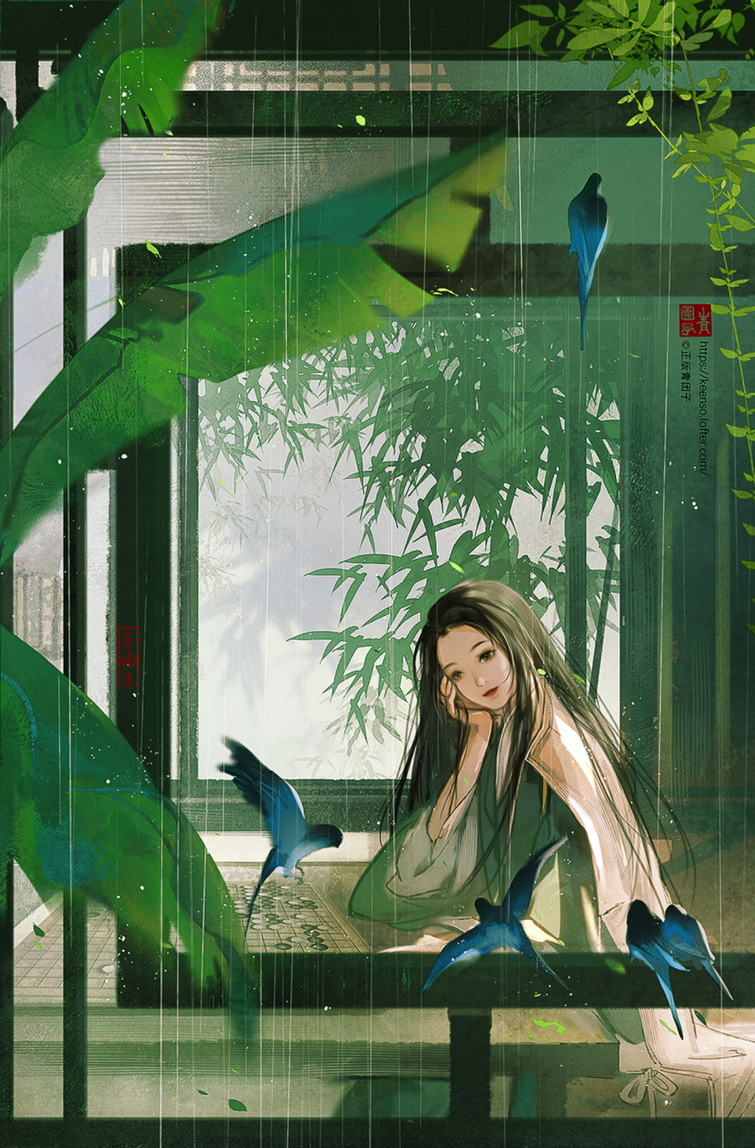 绿色系古风插画壁纸,春意满满,韵味十足!