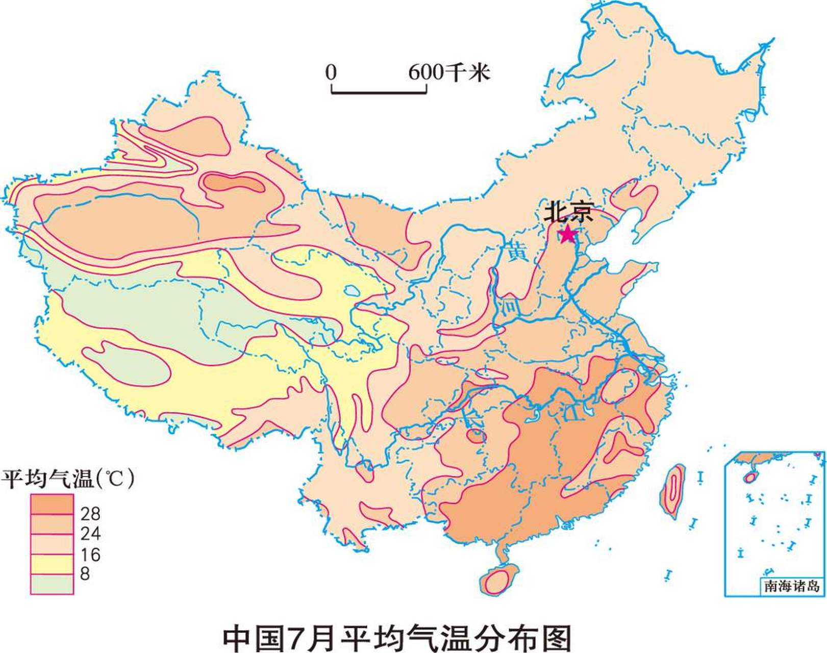 我国7月平均气温分布图.我国夏季南北普遍高温,南北温差小.