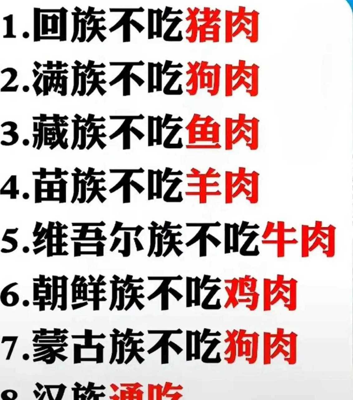 各民族的风俗情况,回族不吃猪肉,满族不吃狗肉,最搞笑的是汉族通吃