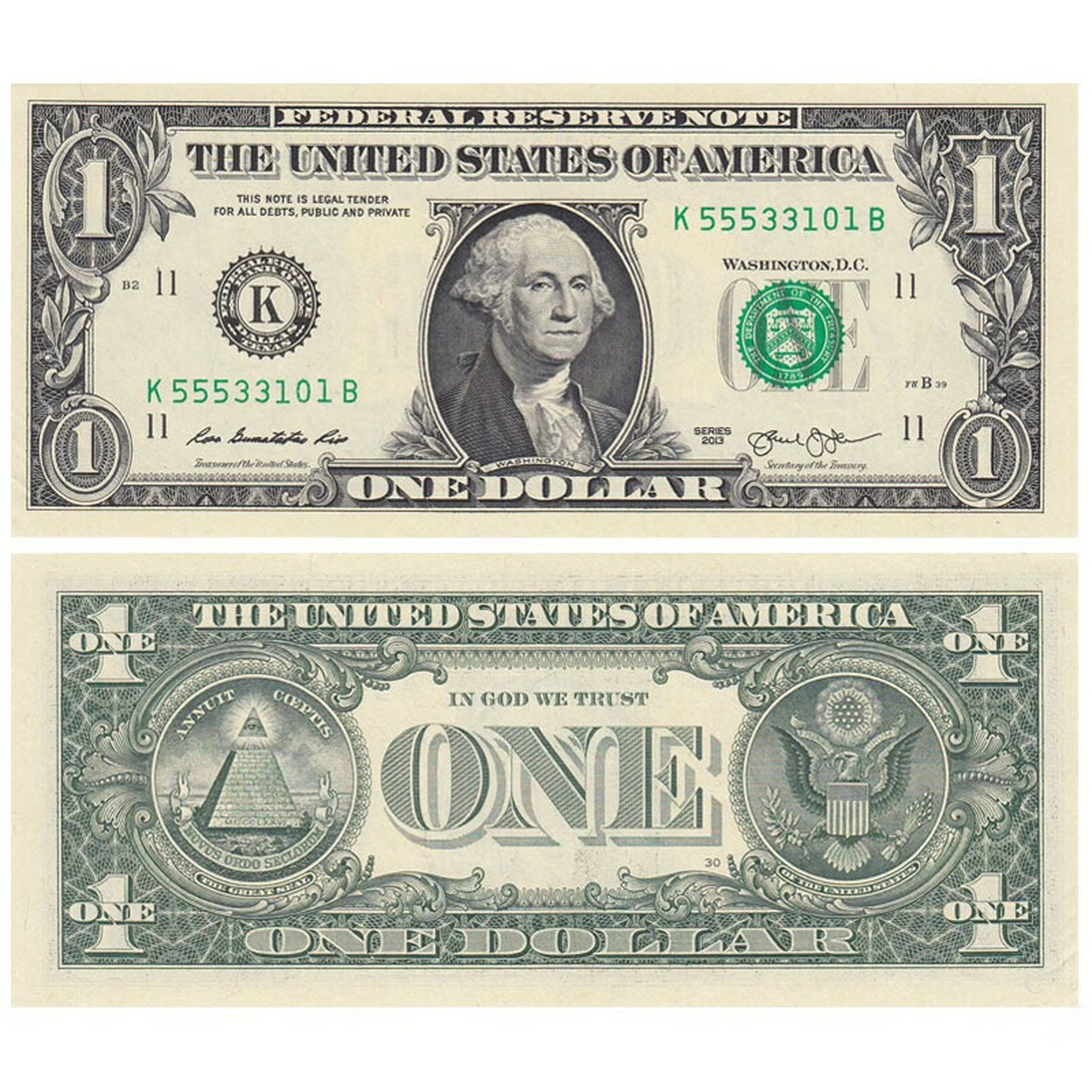 美国的1美元纸币只有1993年一个版本,钞票正面的美国开国元勋,第一任