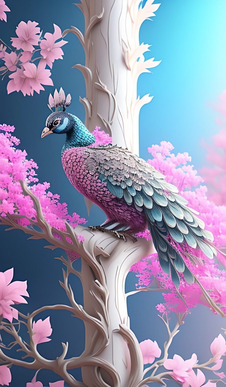 树枝上,孔雀画翩翩, 粉色与海蓝宝石争艳.