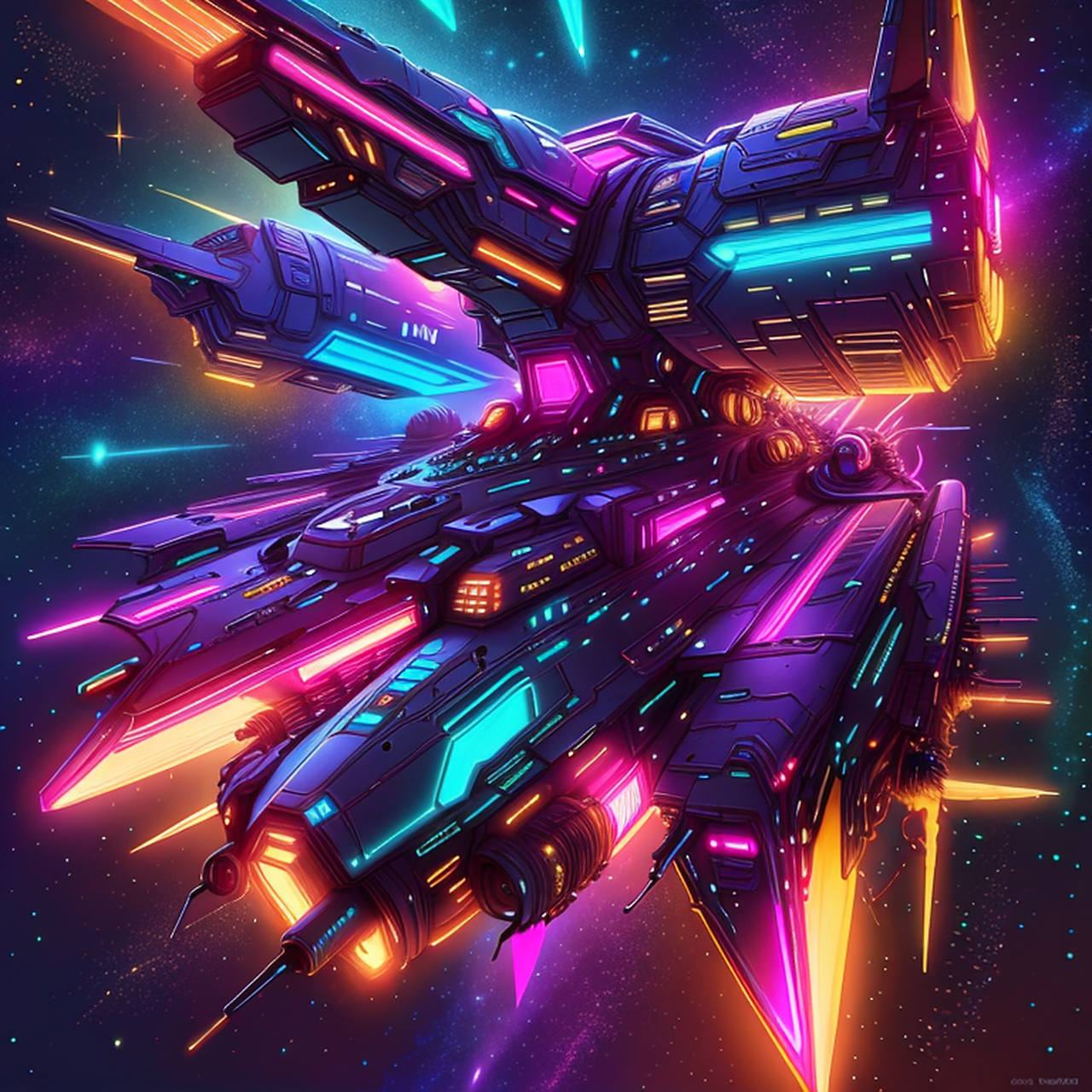 赛博朋克的宇宙飞船在太空中穿梭,它们的外观设计充满未来感,融合了高