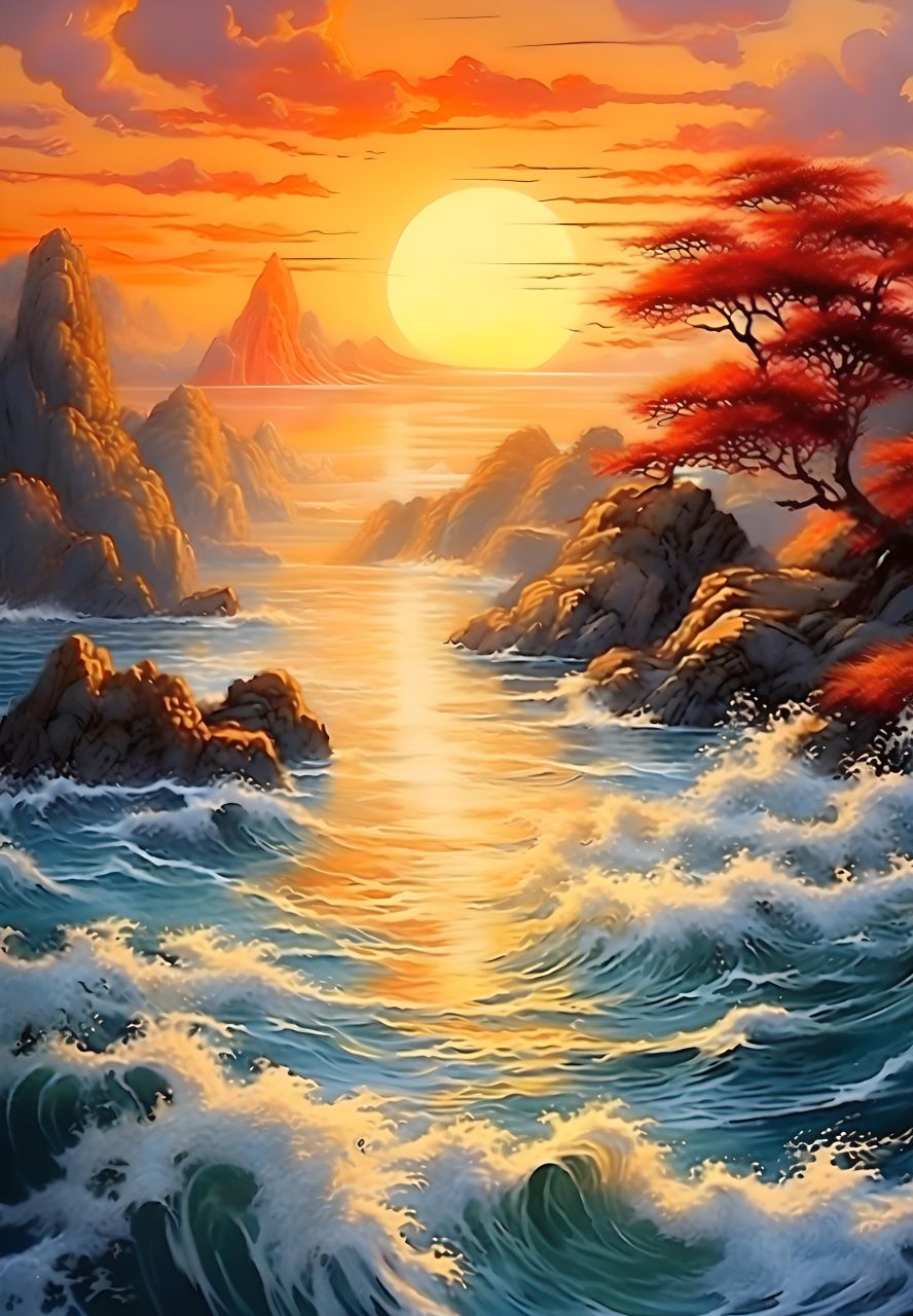 夕阳西下照江波,水面倒映晚霞多,#古风##中国画##图片##中国山水画