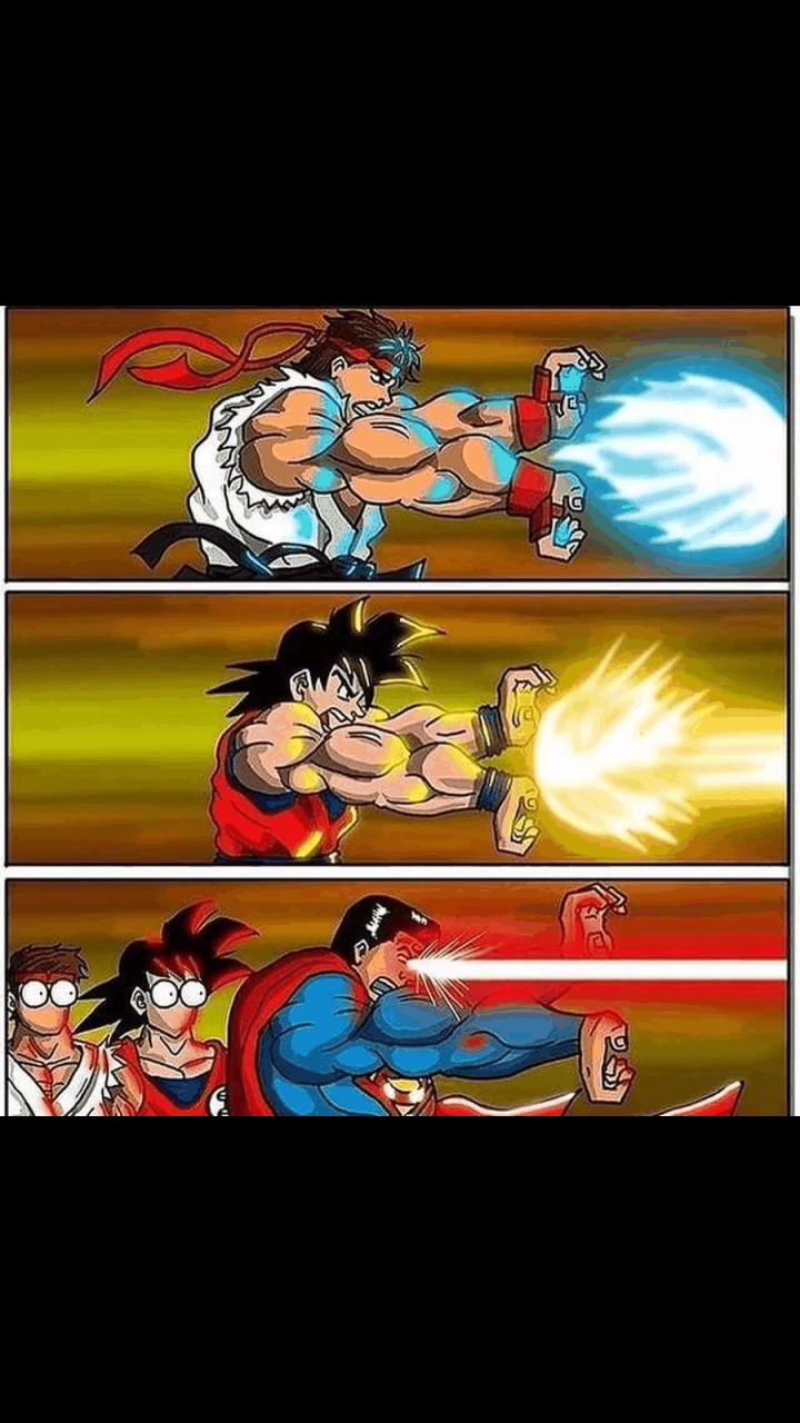 gif创作人#  隆:波动拳 悟空:龟派气功 超人:电光眼