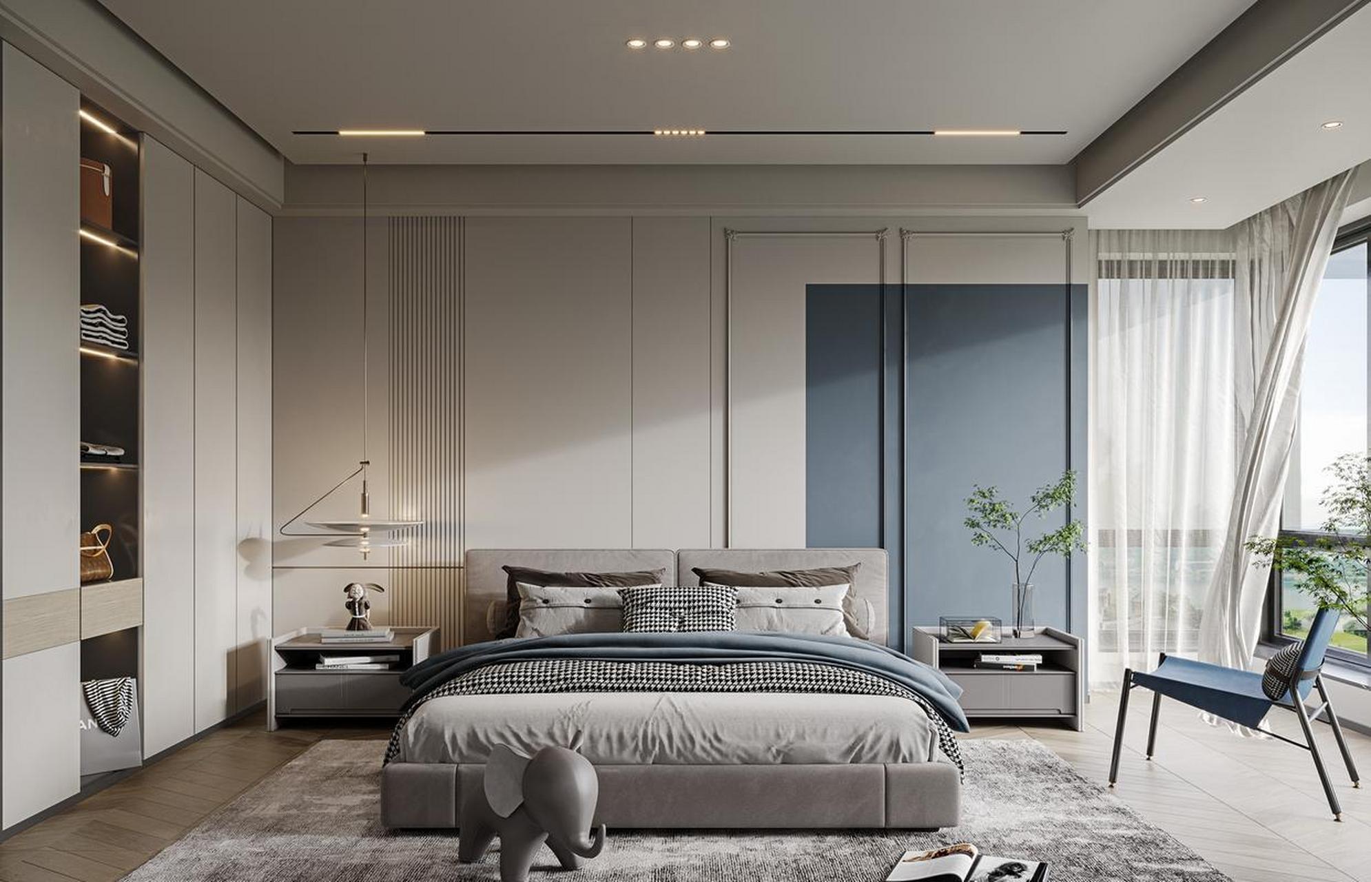 简单好看的卧室拼色背景墙设计.  你喜欢这样的装修吗?喜欢点个赞吧.