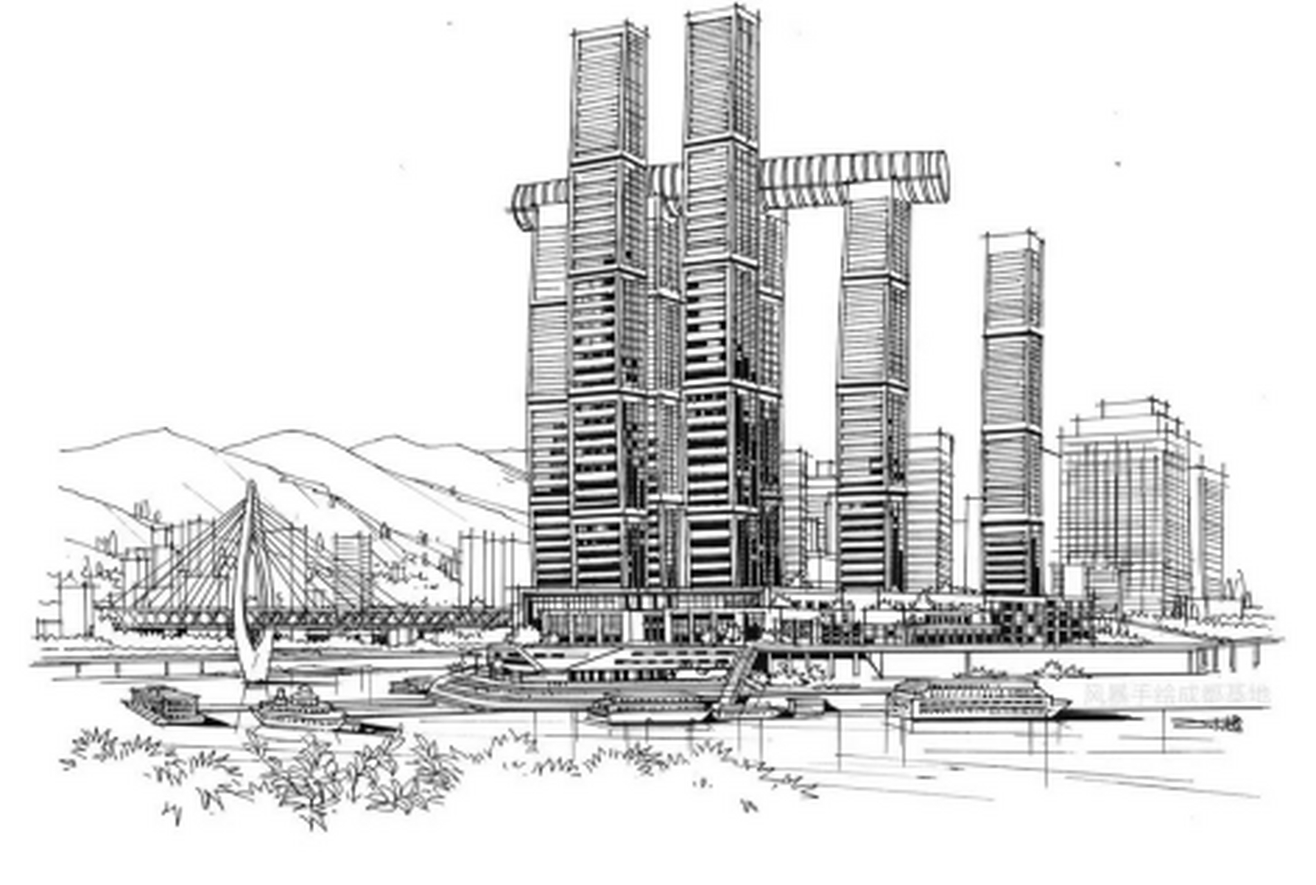 乘风破浪,扬帆起航(重庆来福士广场) 建筑手绘马克笔上色作品分享马克