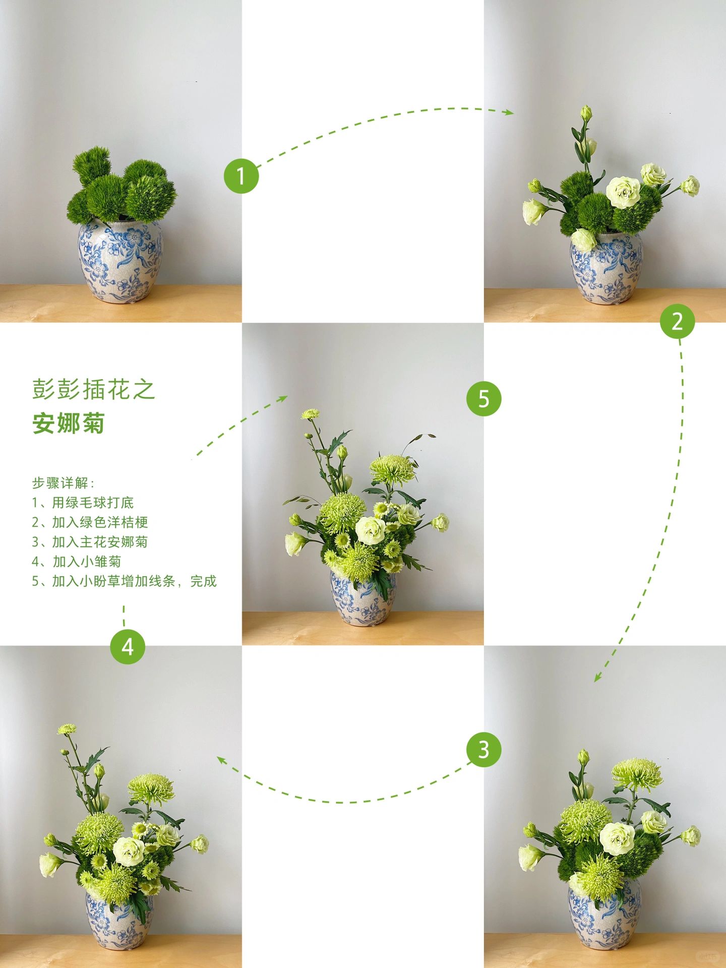 永远喜欢冬日里的菊花～	 插花的步骤如下:  使用绿毛球进行打底,为