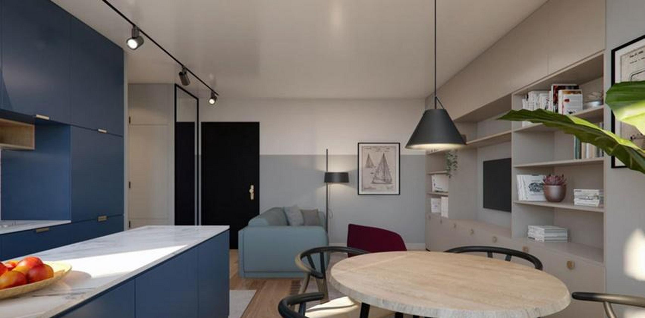 以蓝绿双色,电视墙做为主要布局手法,不仅清楚表现空间张力,同时轻巧