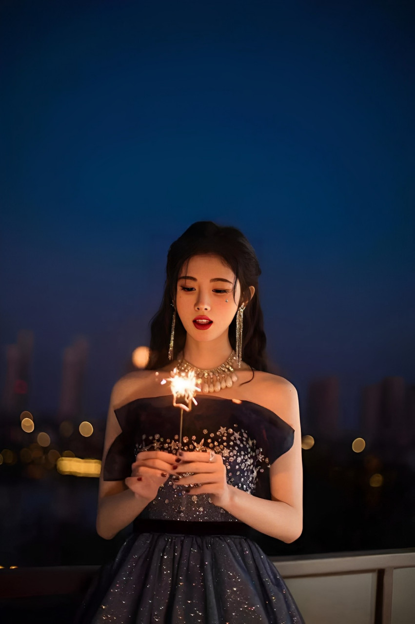 着迷于鞠婧祎,身穿深蓝色缀满星星的礼服放烟花,着实透着明星范.