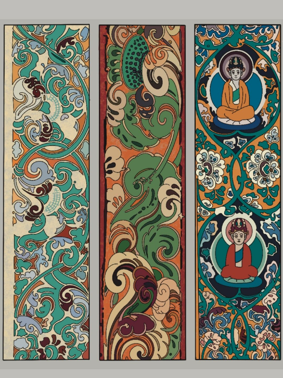 敦煌卷草纹  敦煌莫高窟二方连续卷草纹样 	 此卷草纹为典型唐代风格