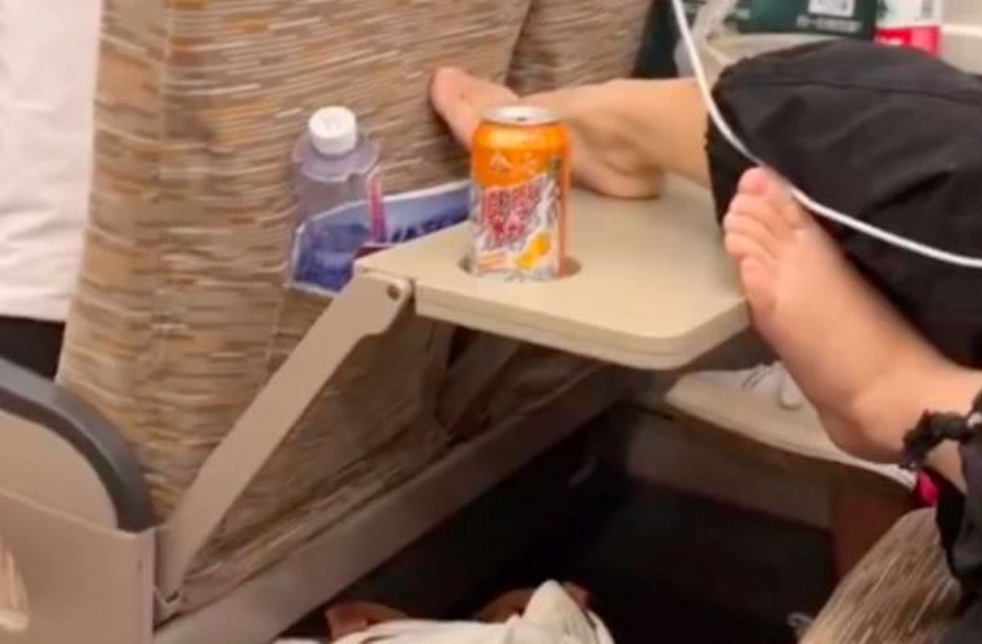 8月7日,河南,一名女乘客在车厢内脱鞋后,用脚踩在小桌板被其他乘客拍