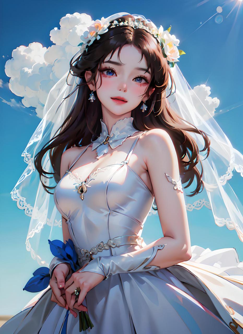 动漫壁纸——二次元画风下的新娘 二次元风格的新娘婚纱照,她身穿华丽