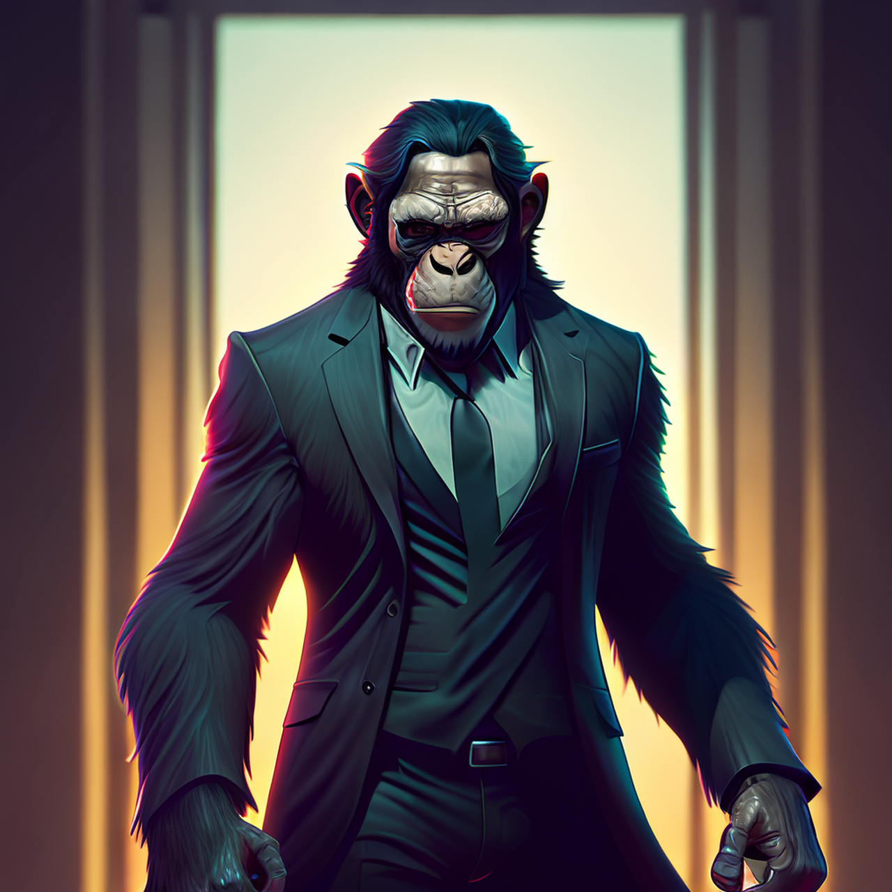 拟人化的黑猩猩约翰威克,动态姿势,动画插图,完美的阴影,4k