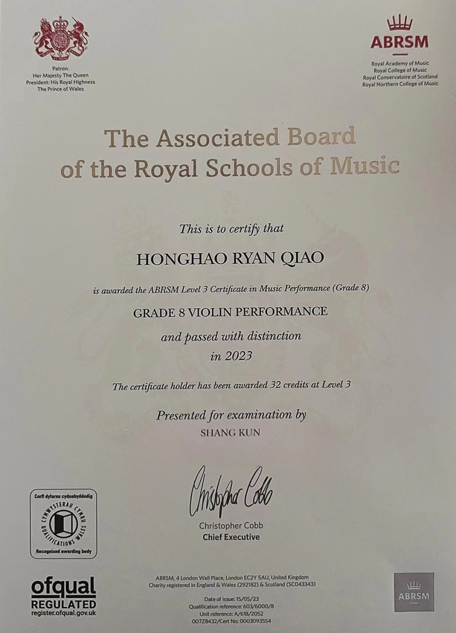 恭喜新西兰学员乔文浩通过英皇考级八级证书 #英皇考级