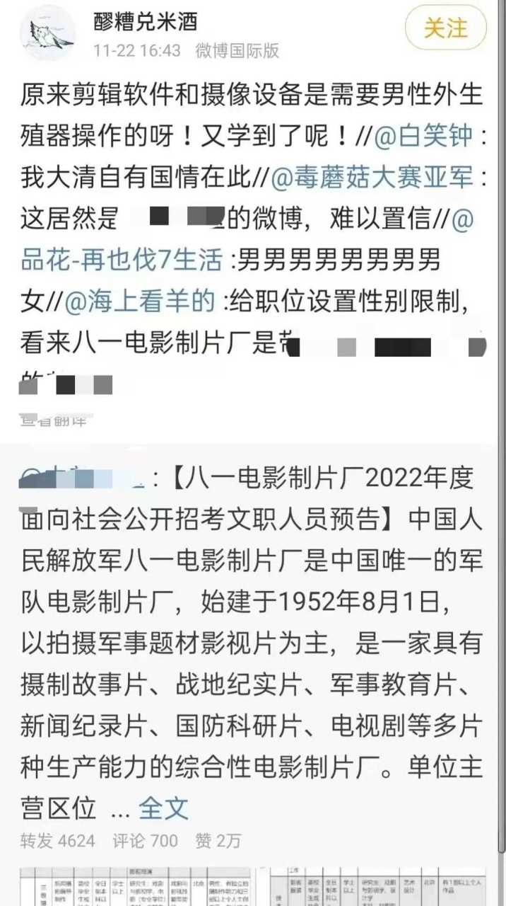 八一電影製片廠發佈招聘啟事,然而除了化妝等個別崗位以外,其他全是隻