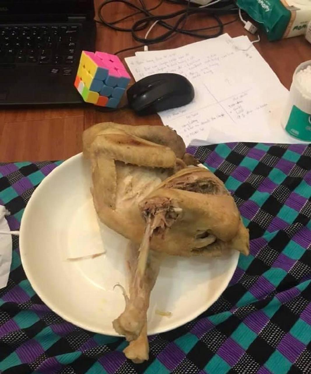 网友:喵星人偷吃鸡腿,被主人挂了起来.  #搞笑趣味图