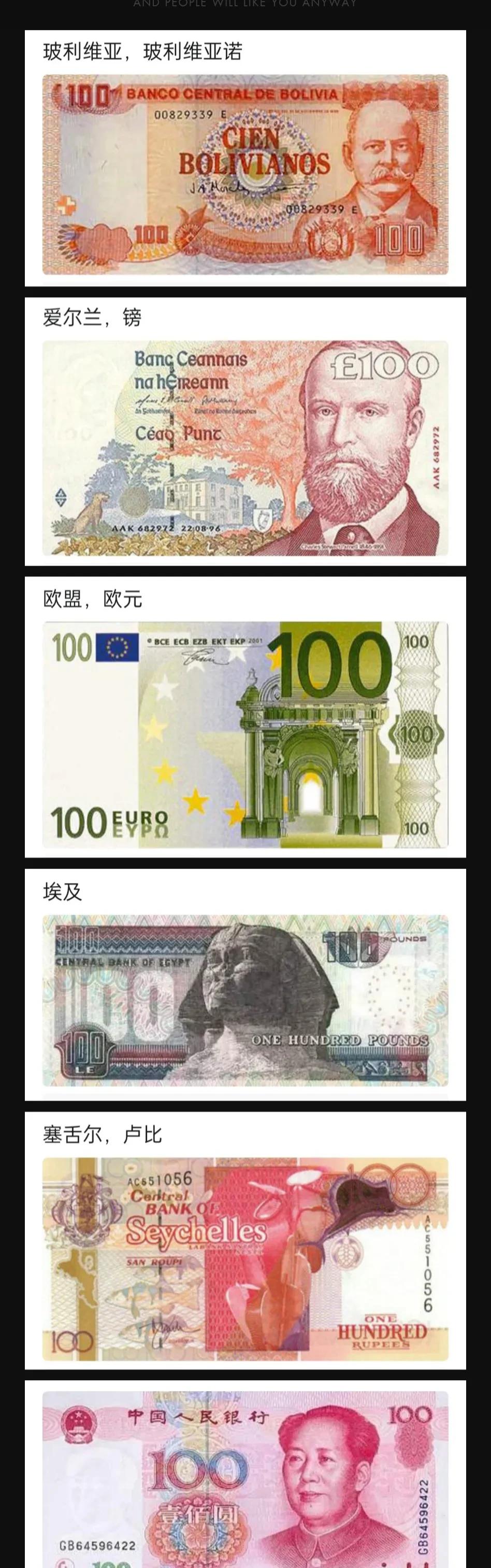 世界各國100元的貨幣圖片.