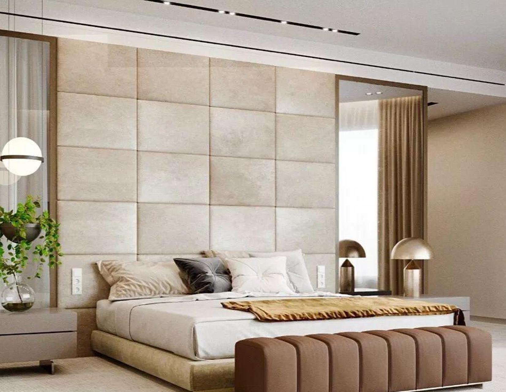 软包背景墙所使用的材质细腻柔软,色彩也比较柔和,舒缓,可以美化整体