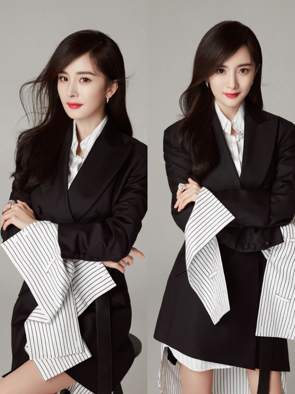 跟着私服女王杨幂学帅气西装穿搭 一身黑色西装look 干练利落,帅气