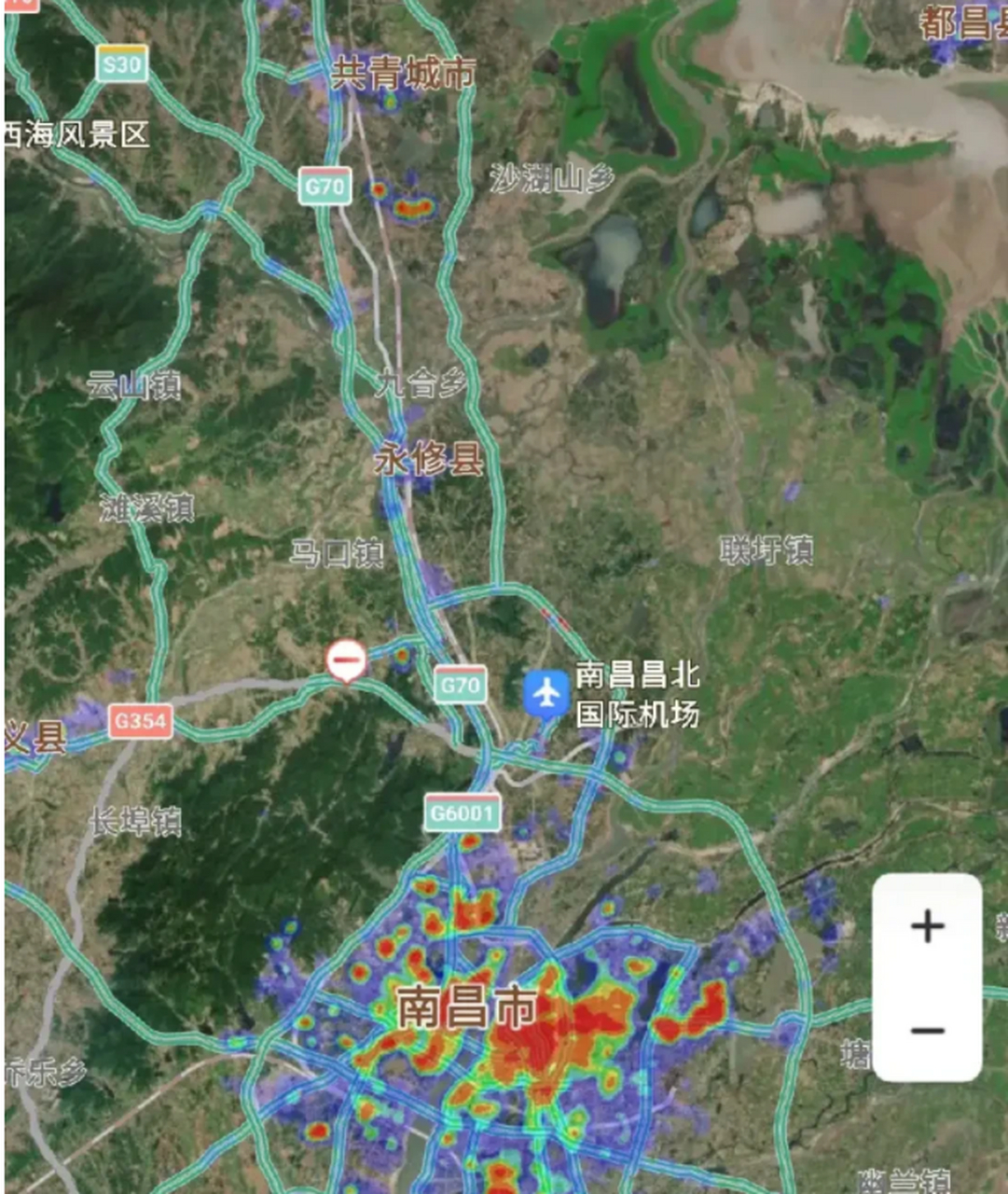 南昌热力图  如果以赣江为界,南昌的老城区的人气还是比红谷滩和九龙