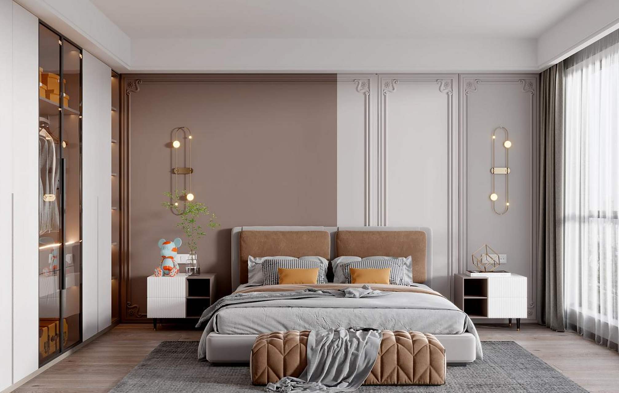 简单好看的卧室拼色背景墙设计.  你喜欢这样的装修吗?喜欢点个赞吧.