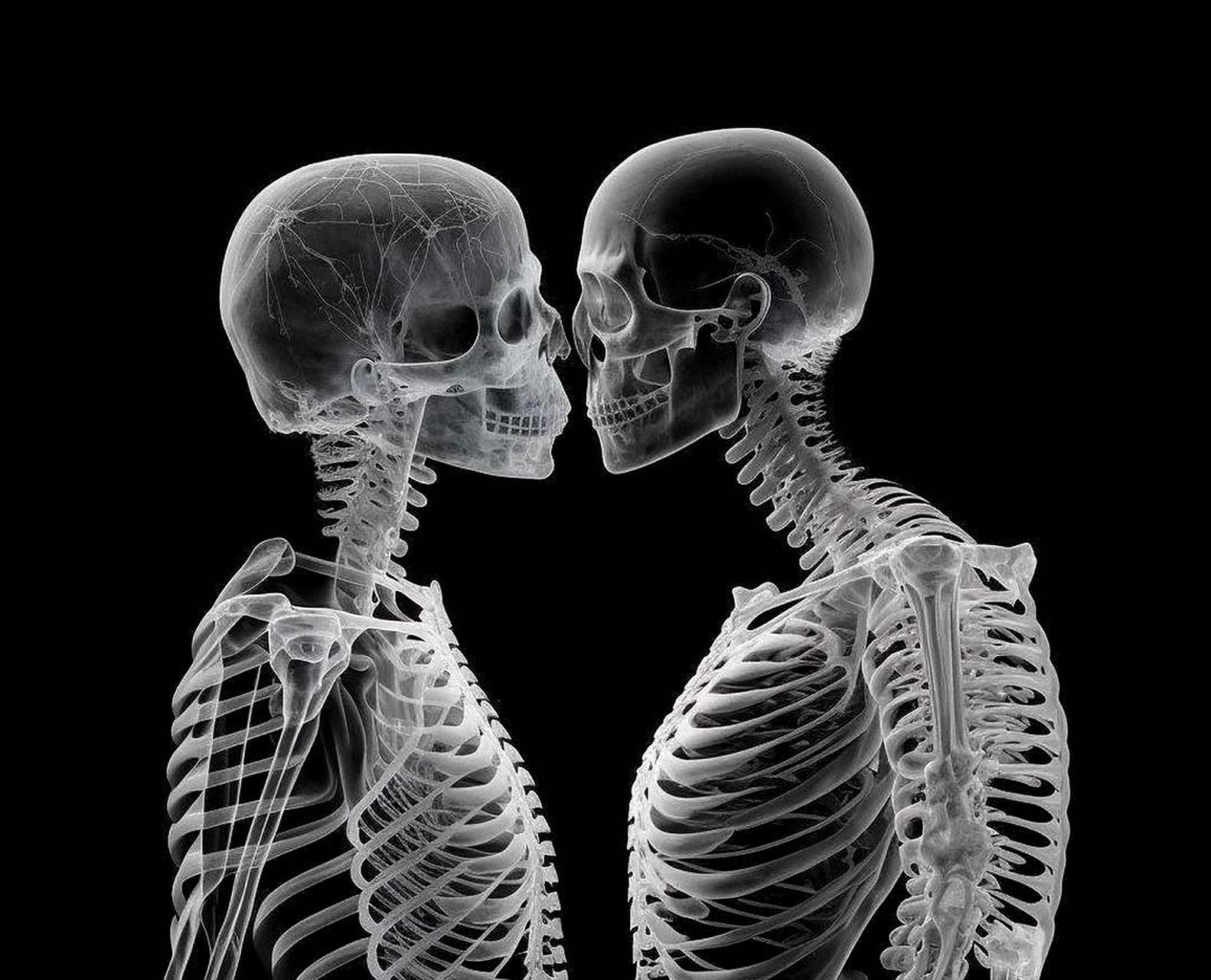 一张接吻情侣的x光照片呈现出明显的骨骼结构.