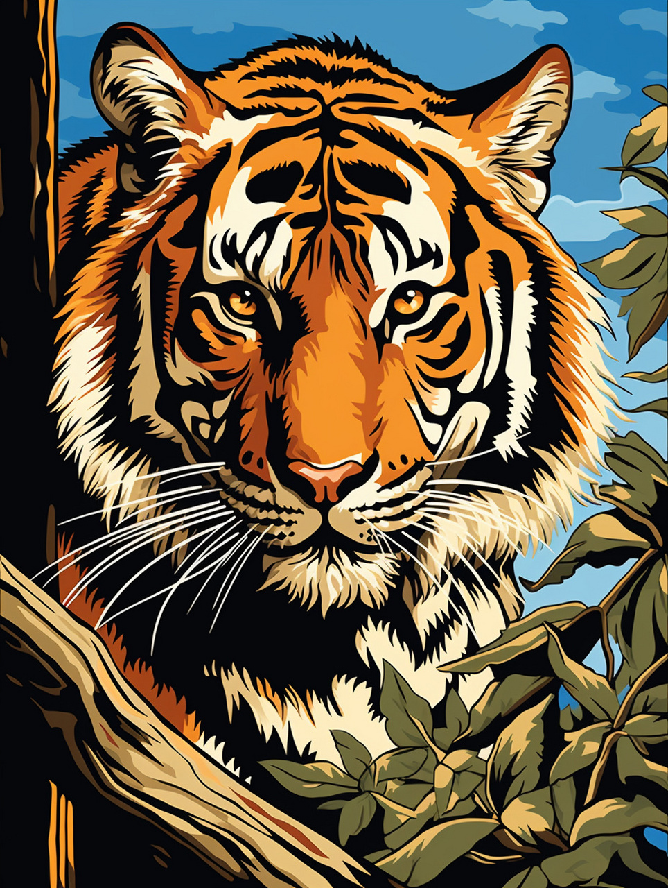 关键词 lino cut of a tiger, reddish - brown hair, black