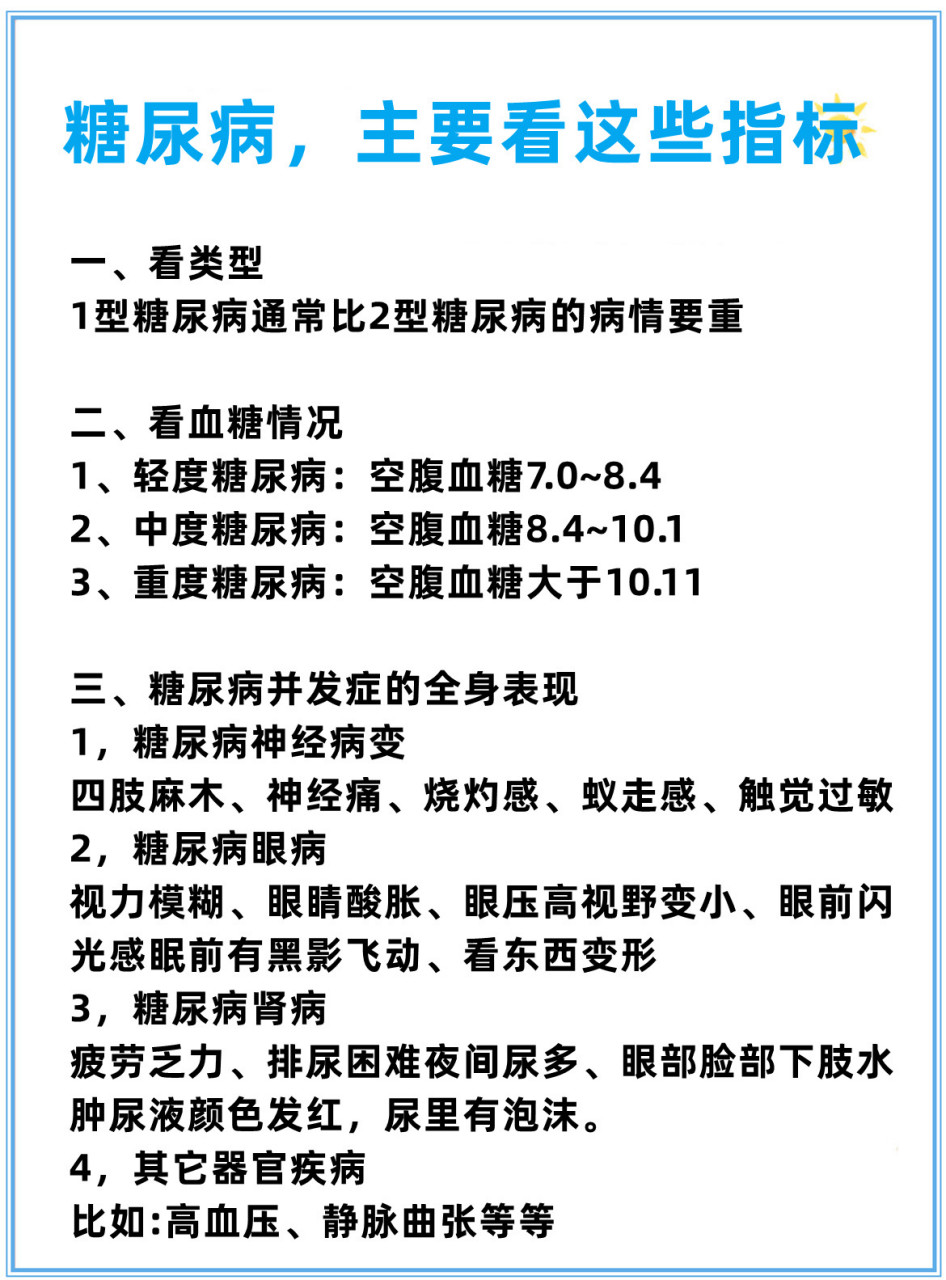 糖尿病,主要看这些指标 一,看类型 1型糖尿病通常比2型糖尿病的病情要